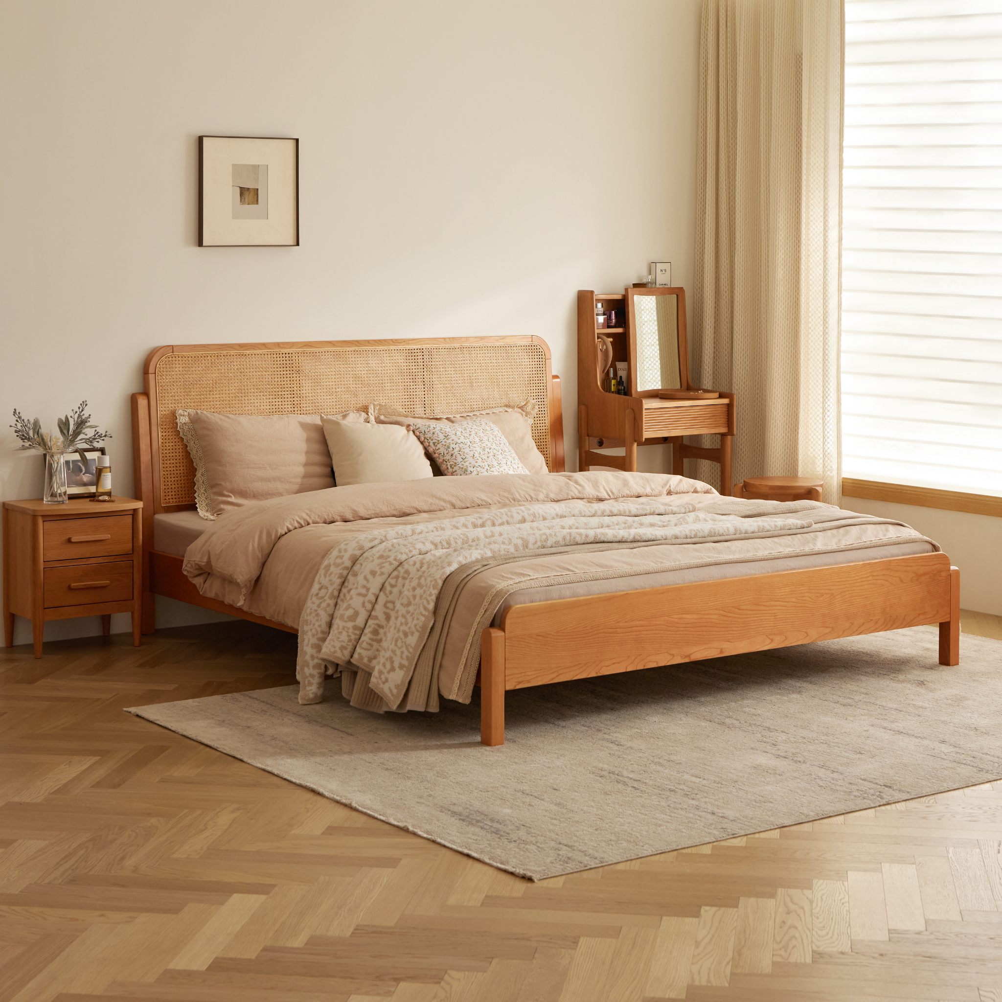 Solidwood Wenrik Global Queen Bed Frame with Adjustable Rattan Headboard, Cherry Wood