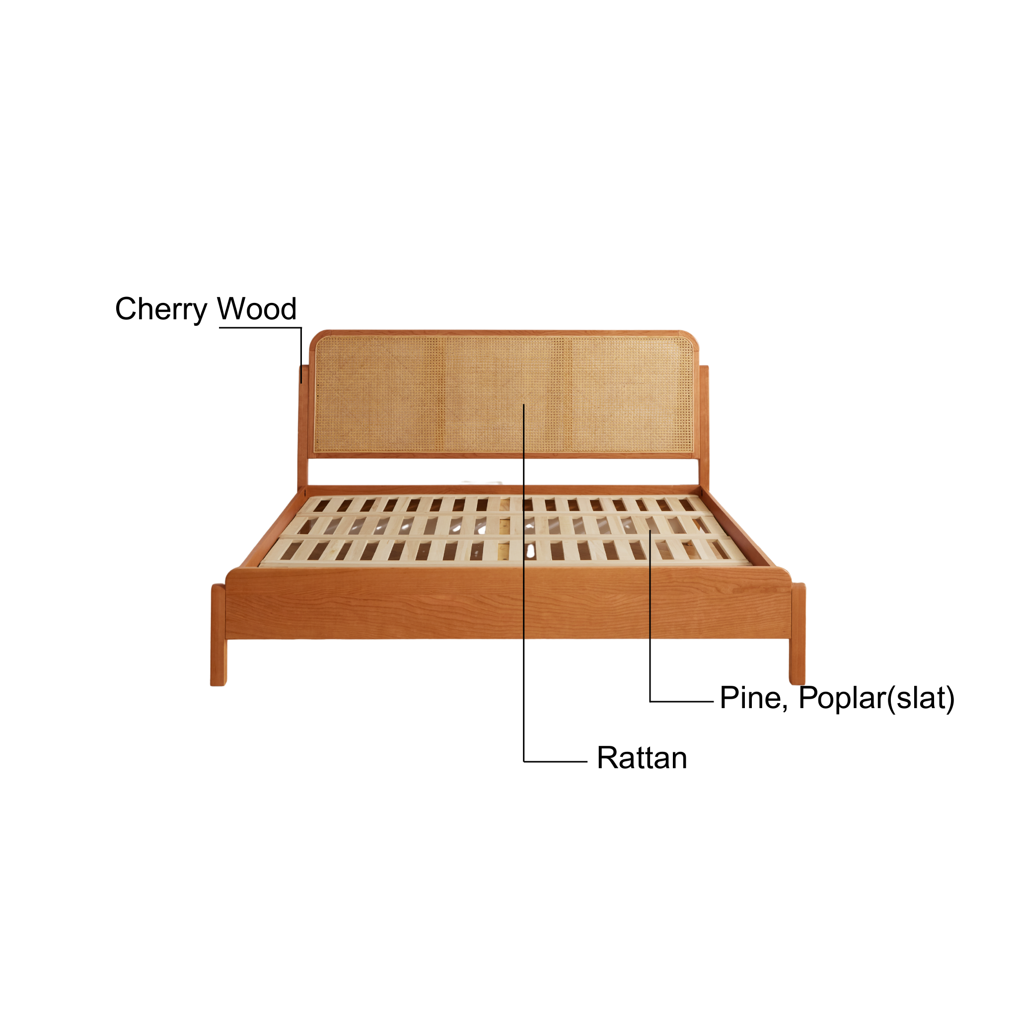 Solidwood Wenrik Global Queen Bed Frame with Adjustable Rattan Headboard, Cherry Wood