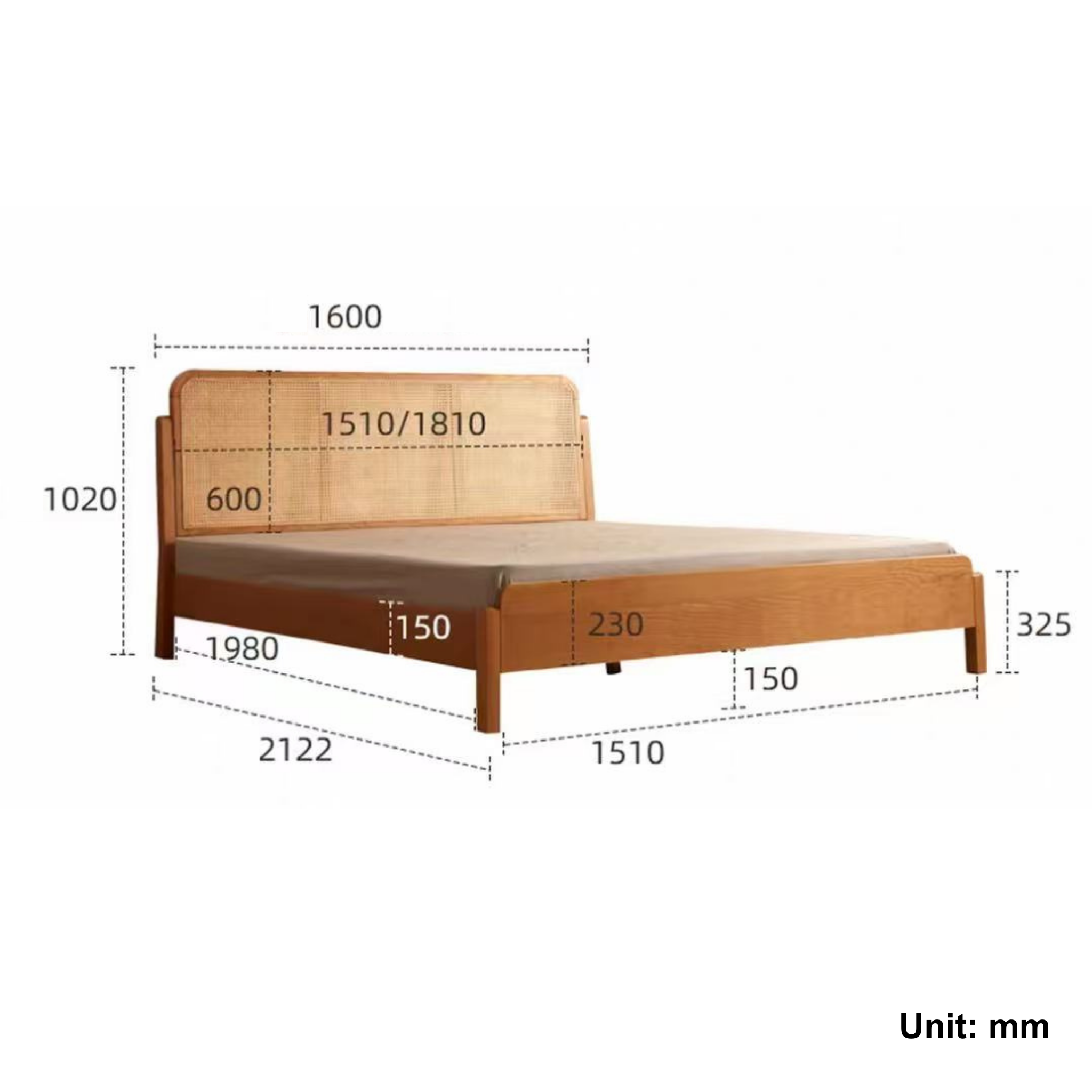 Solidwood Wenrik Global Queen Bed Frame with Adjustable Rattan Headboard, Cherry Wood