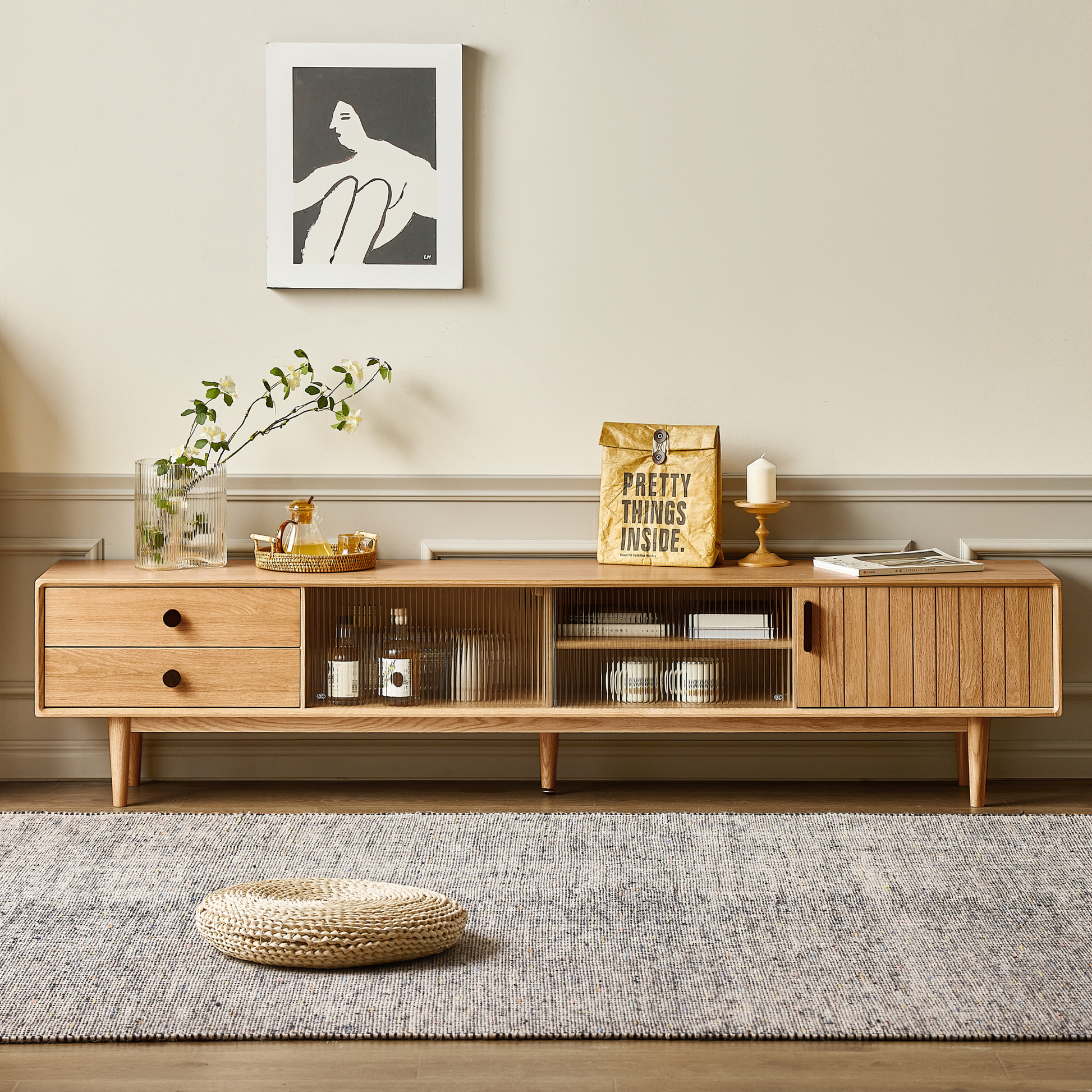 Solidwood Santa Rosa Entertainment Unit with Glass Door, Oak