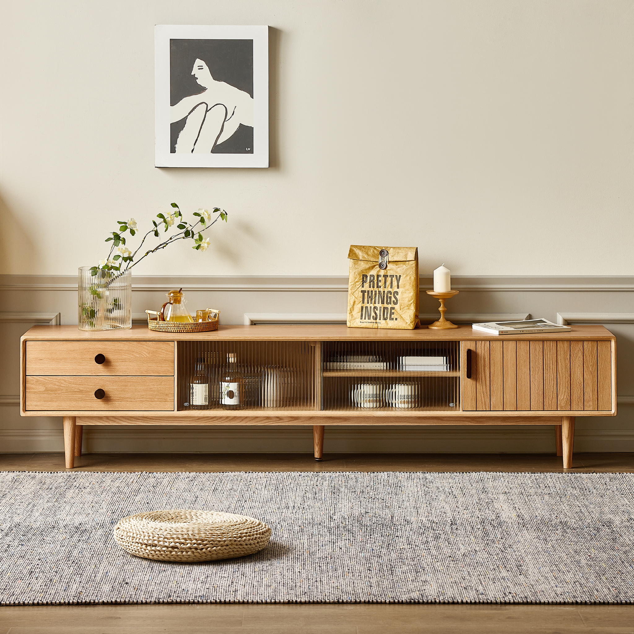 Solidwood Santa Rosa Entertainment Unit with Glass Door, Oak