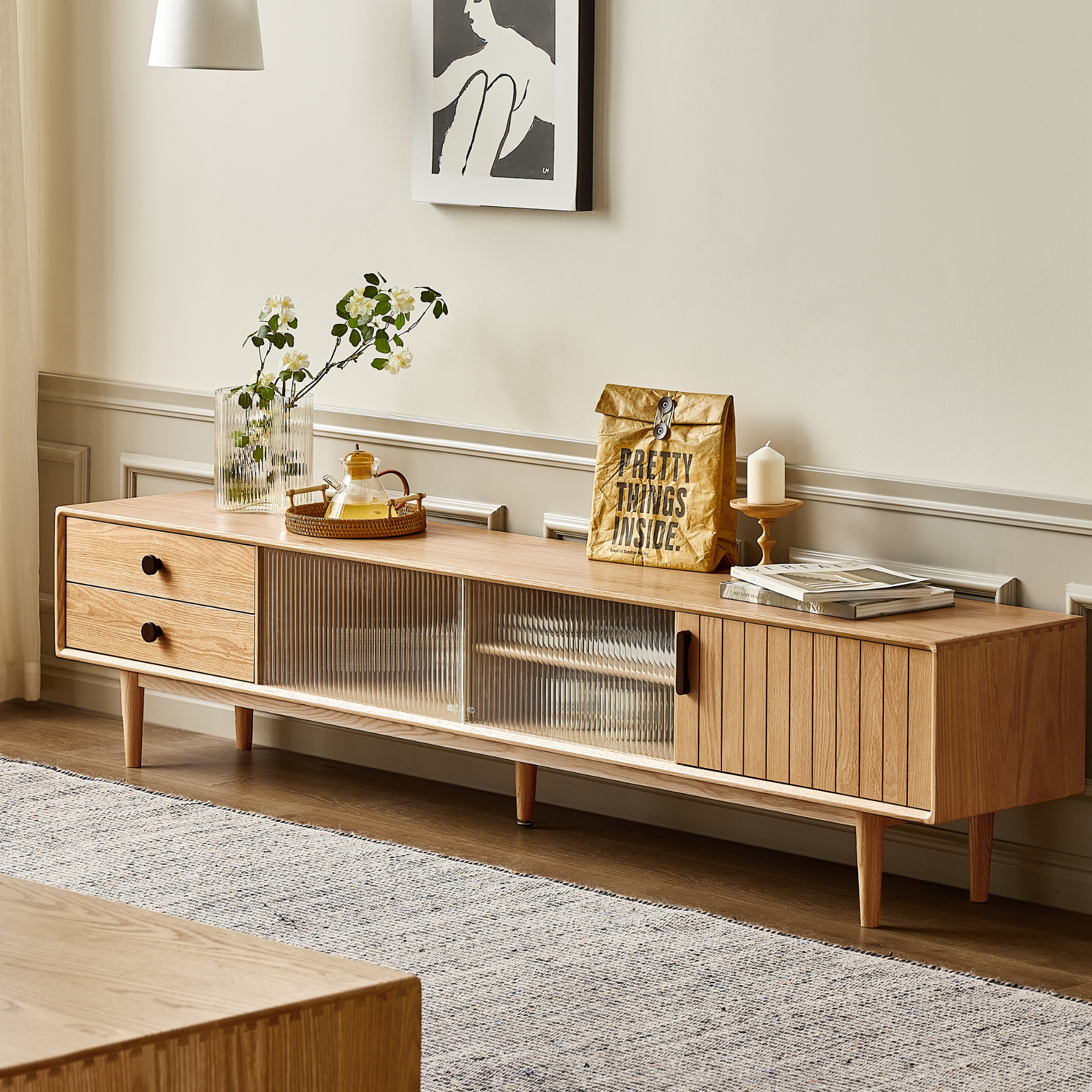 Solidwood Santa Rosa Entertainment Unit with Glass Door, Oak