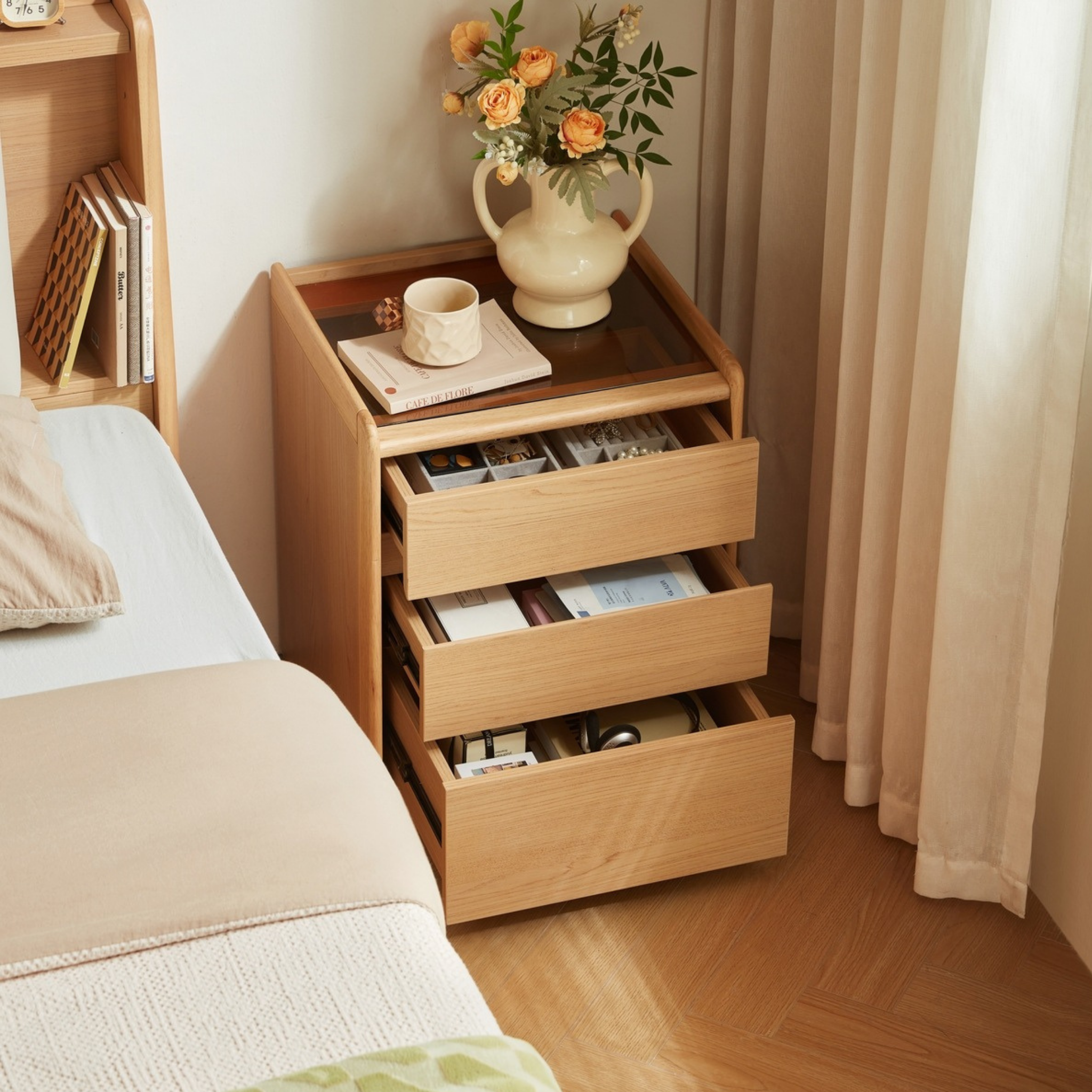 Linspire Aalto 3-Drawer Bedside Table with Glass Top