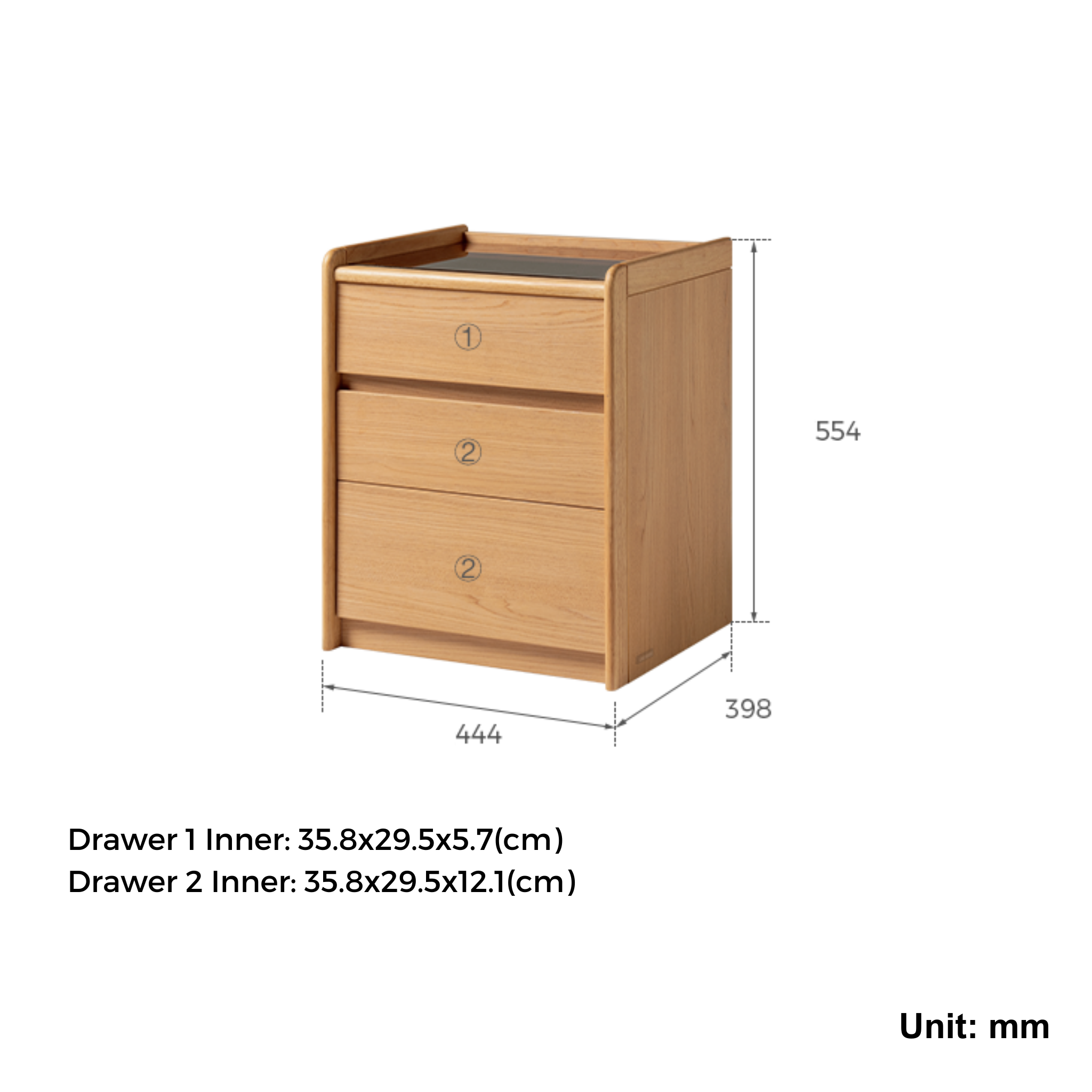 Linspire Aalto 3-Drawer Bedside Table with Glass Top