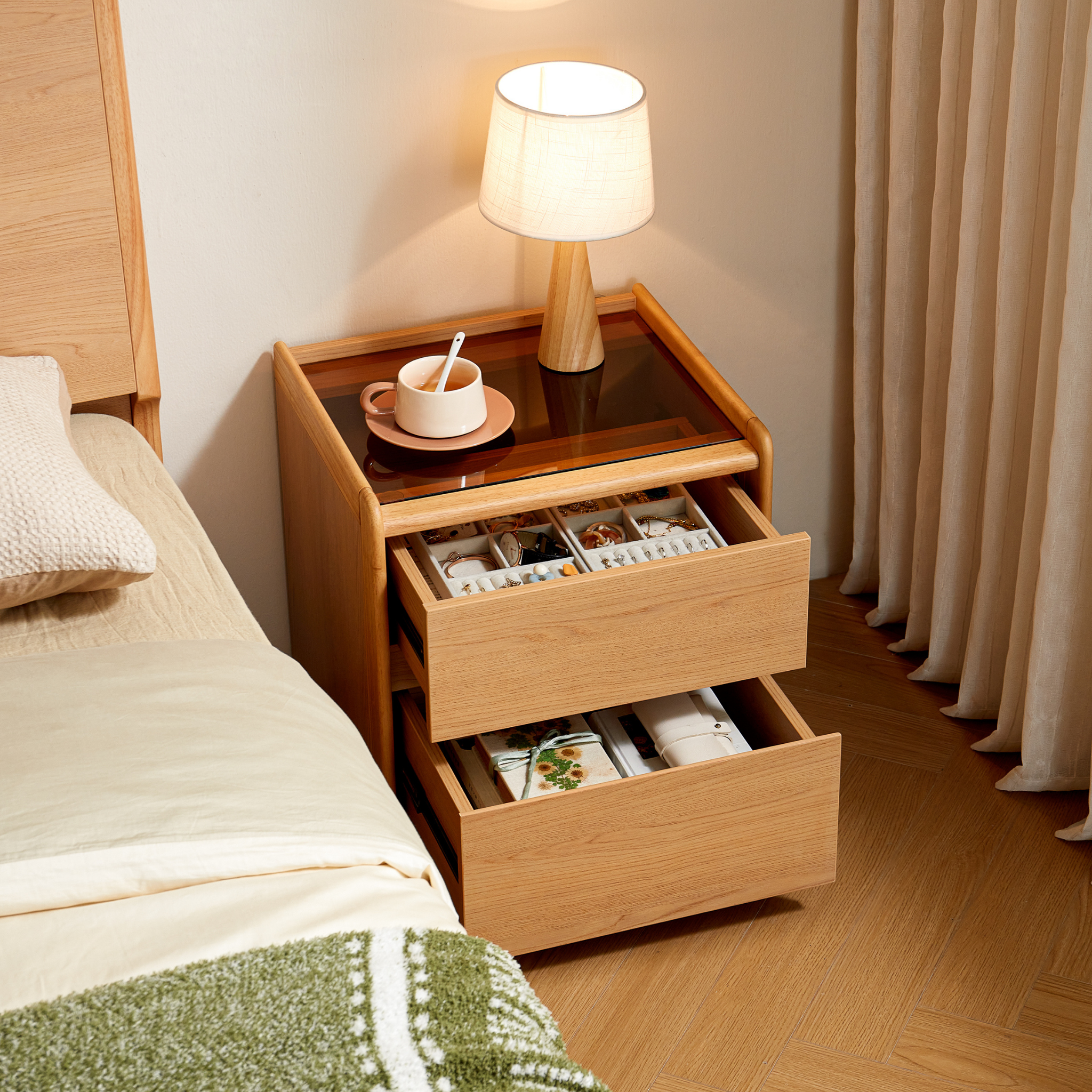 Linspire Aalto 2-Drawer Bedside Table with Glass Top