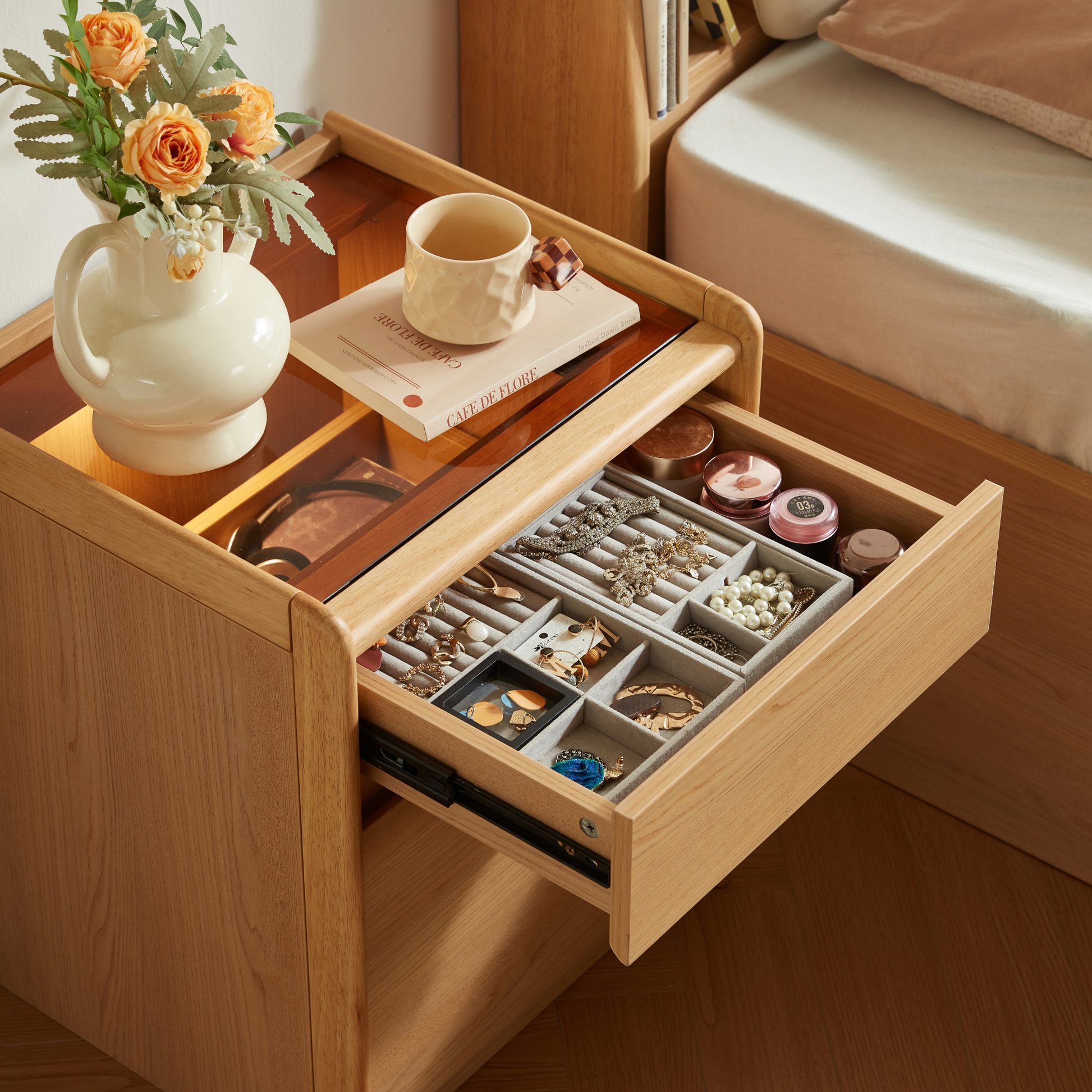 Linspire Aalto 2-Drawer Bedside Table with Glass Top