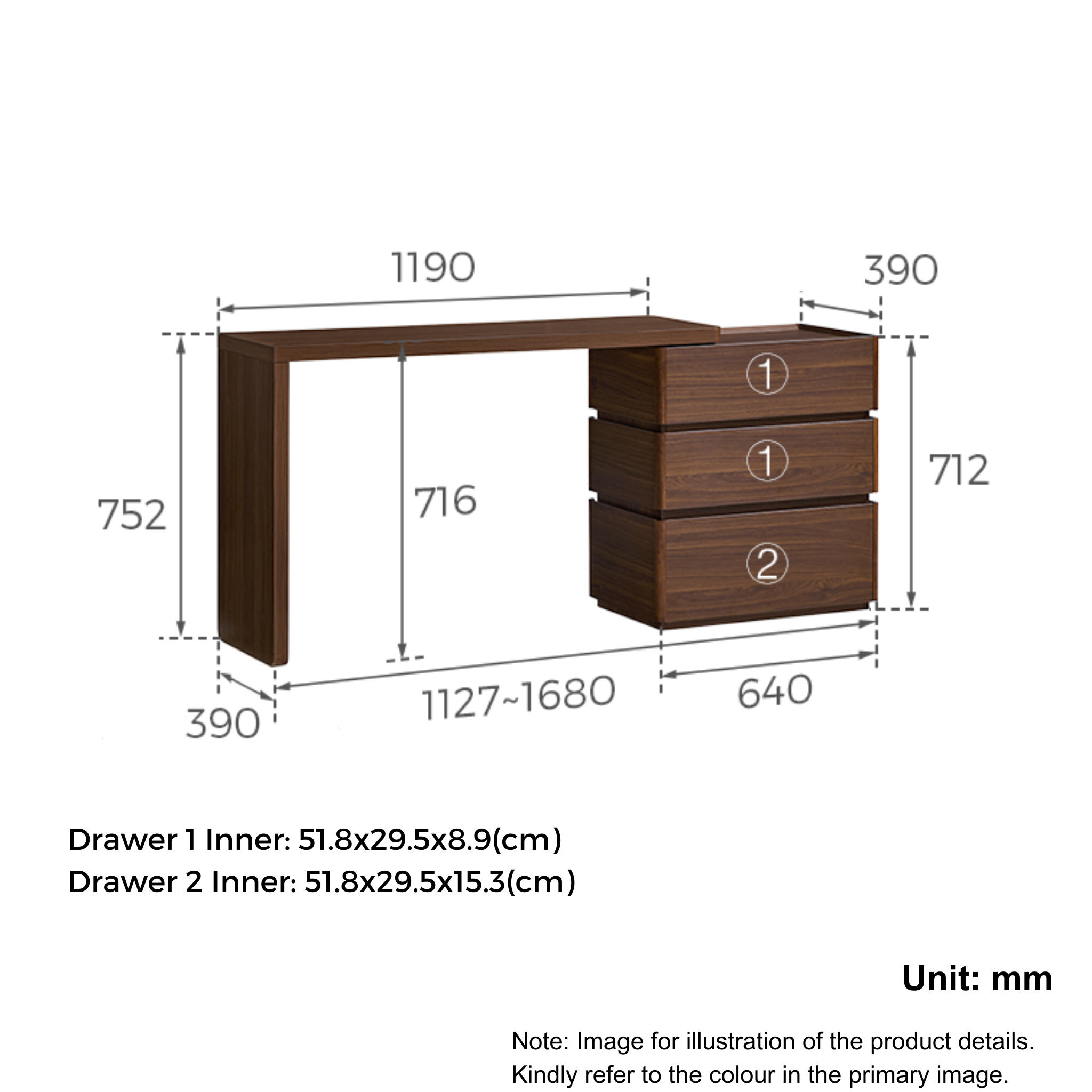 Linspire Aalto Extendable Dressing Table with Chest of 3 Drawers