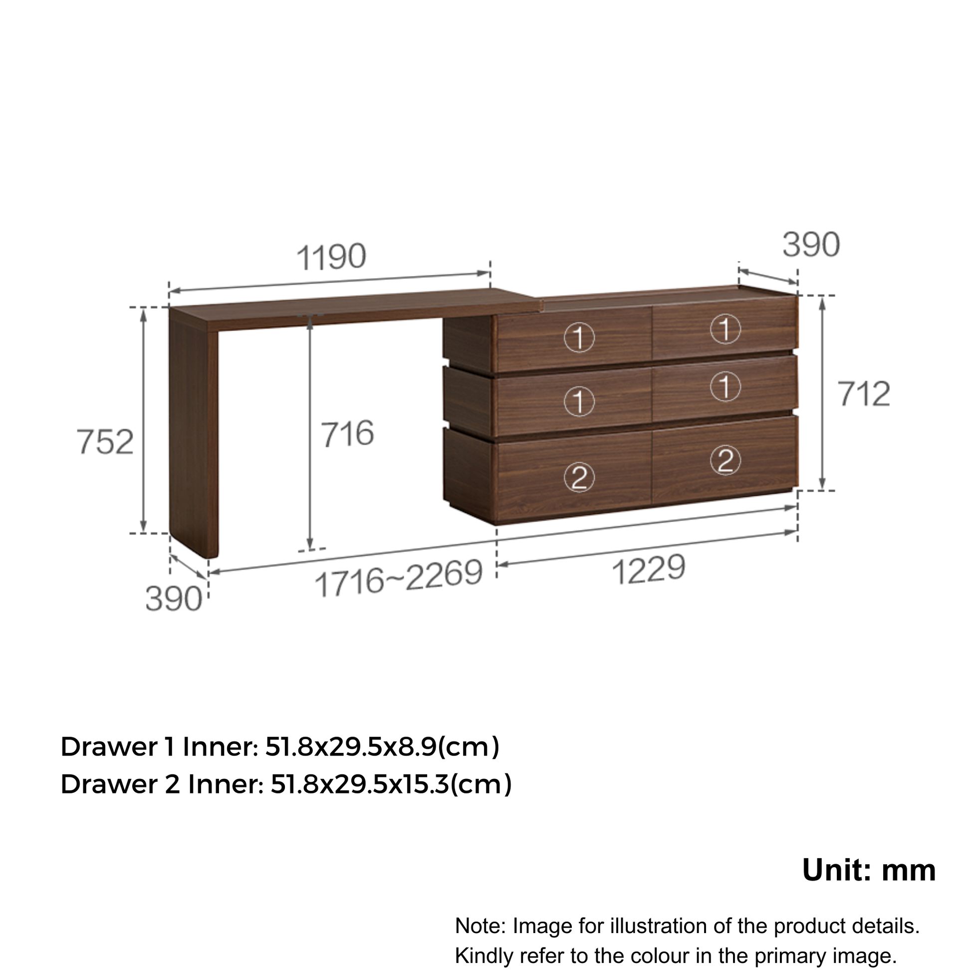 Linspire Aalto Extendable Dressing Table with Chest of 6 Drawers