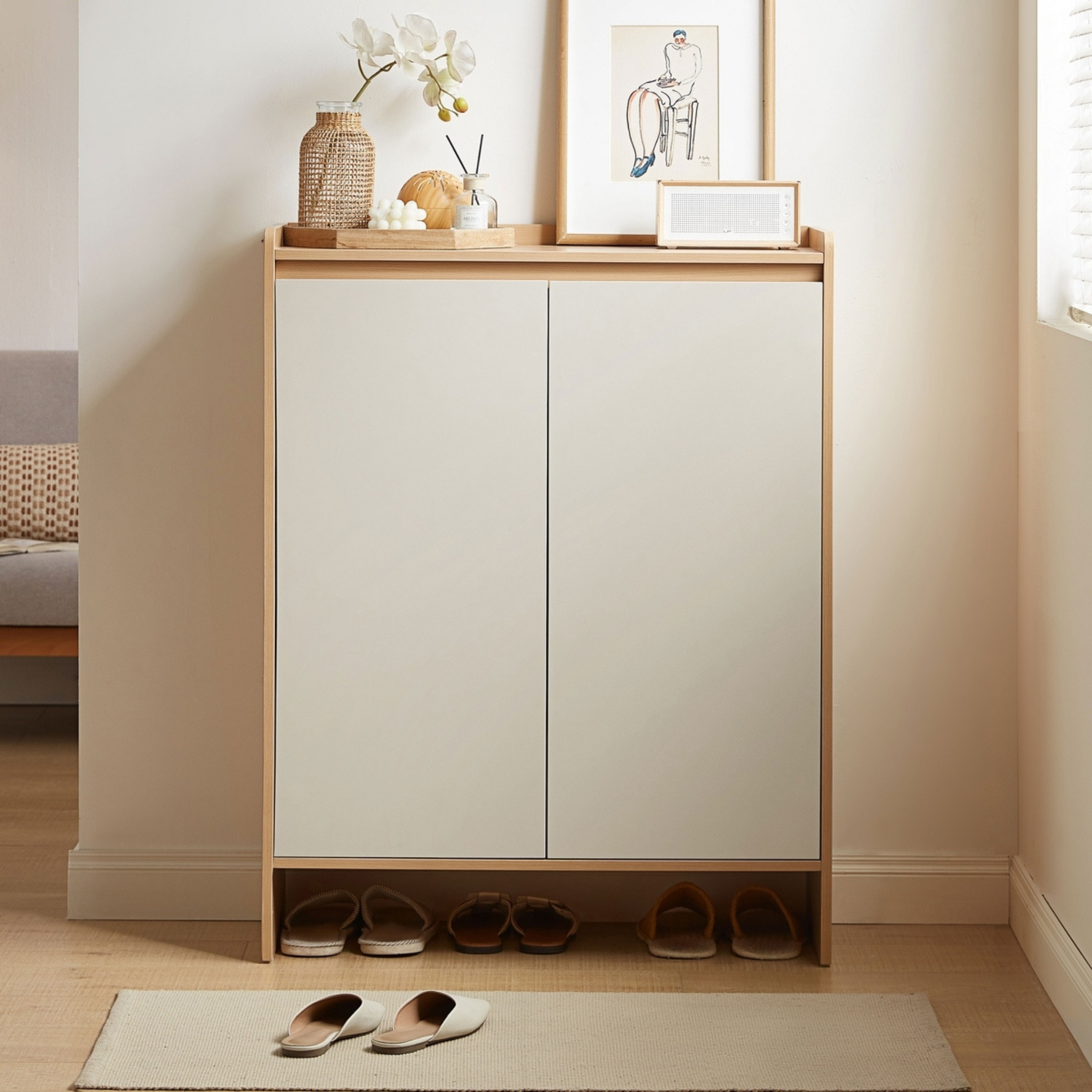Linspire Miro Shoe Cabinet, Natural Wood & Light Grey