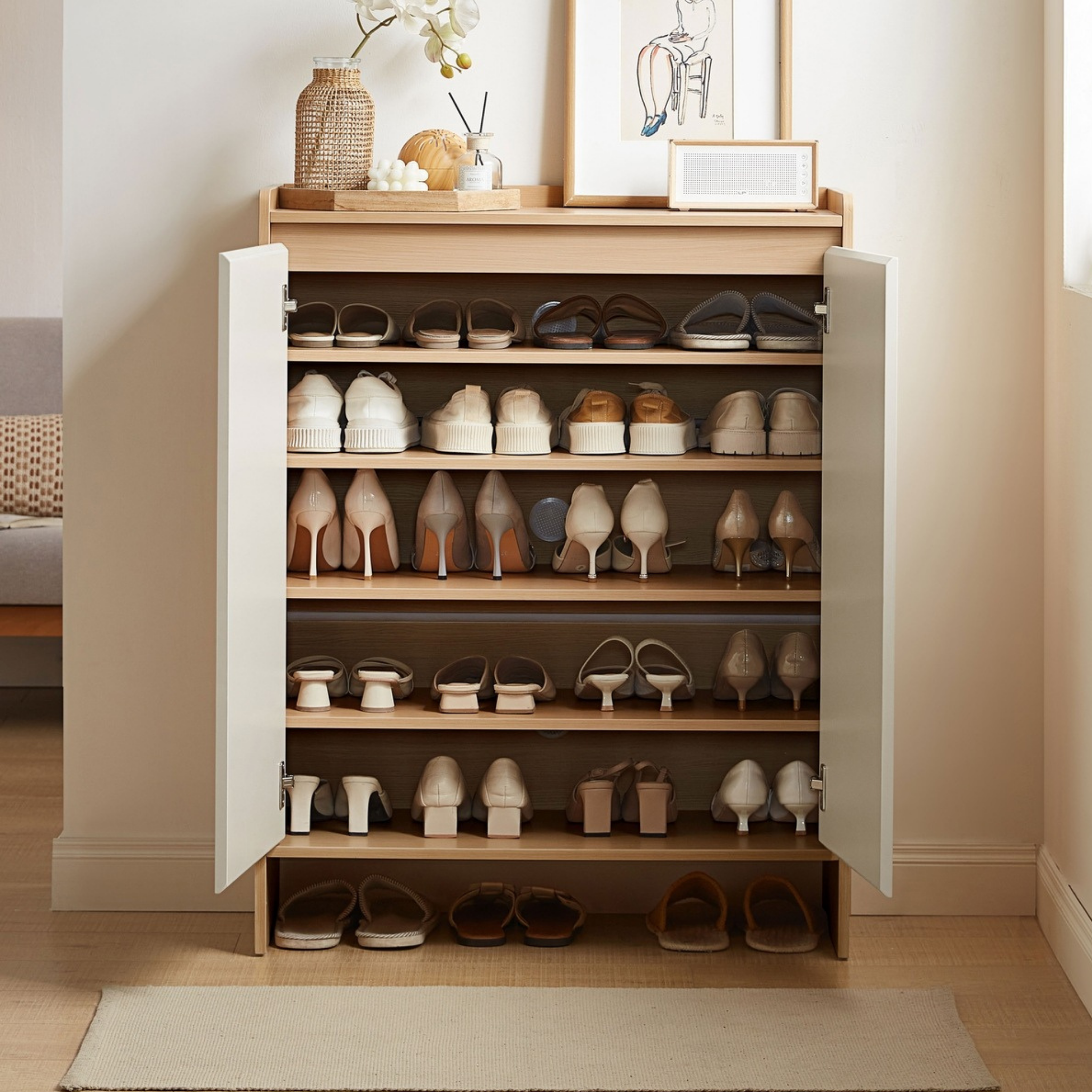 Linspire Miro Shoe Cabinet, Natural Wood & Light Grey