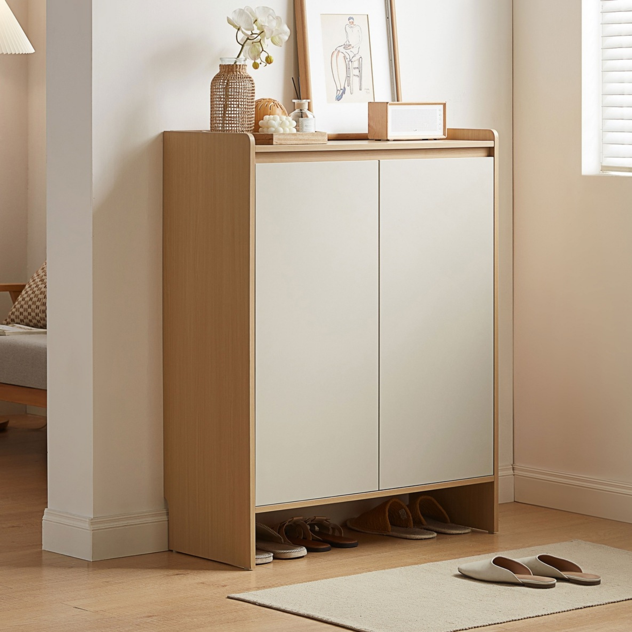 Linspire Miro Shoe Cabinet, Natural Wood & Light Grey