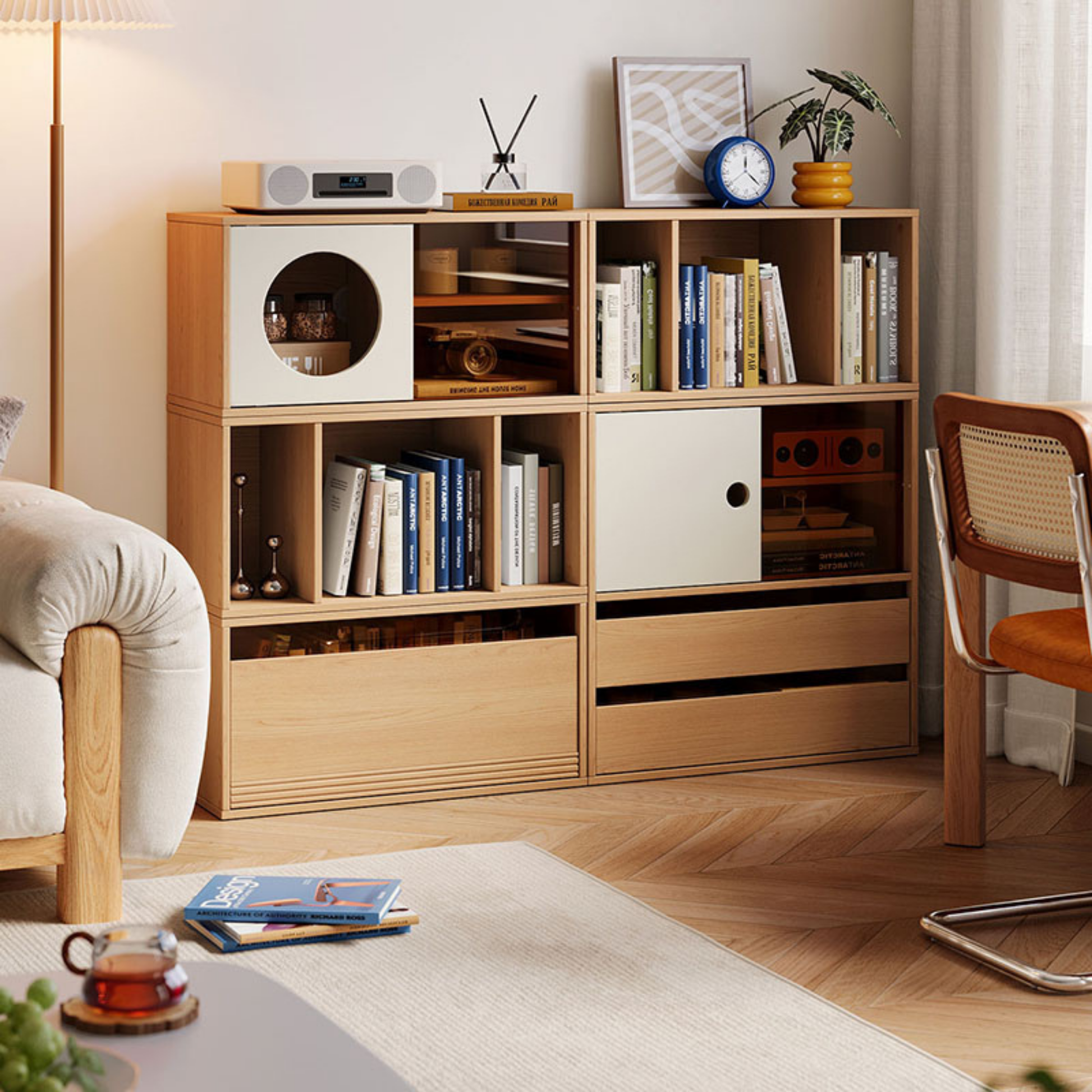 Linspire Forma Set of 5 Modular Display Cabinet with 2 Drawers, Natural Wood