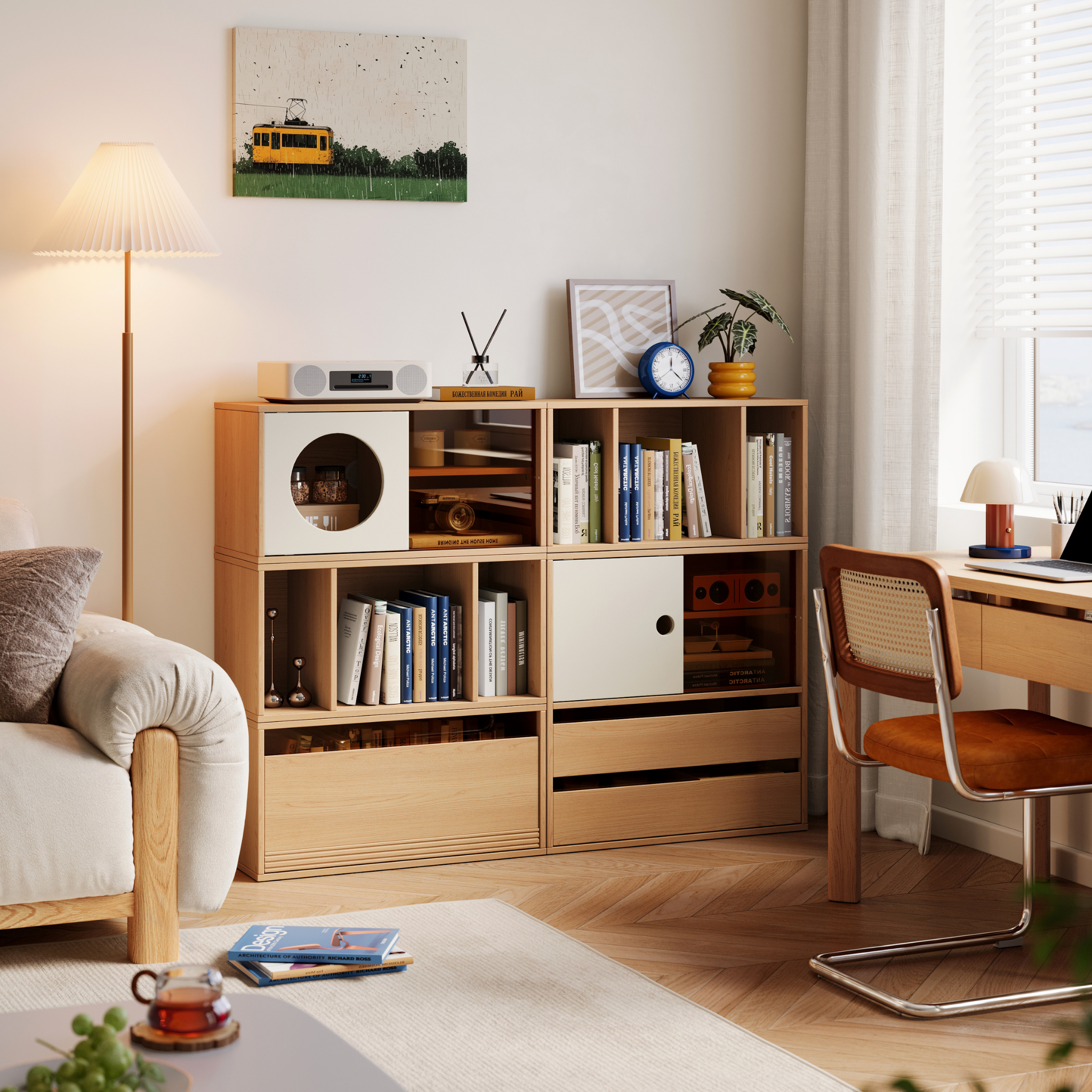 Linspire Forma Set of 5 Modular Display Cabinet with 2 Drawers, Natural Wood