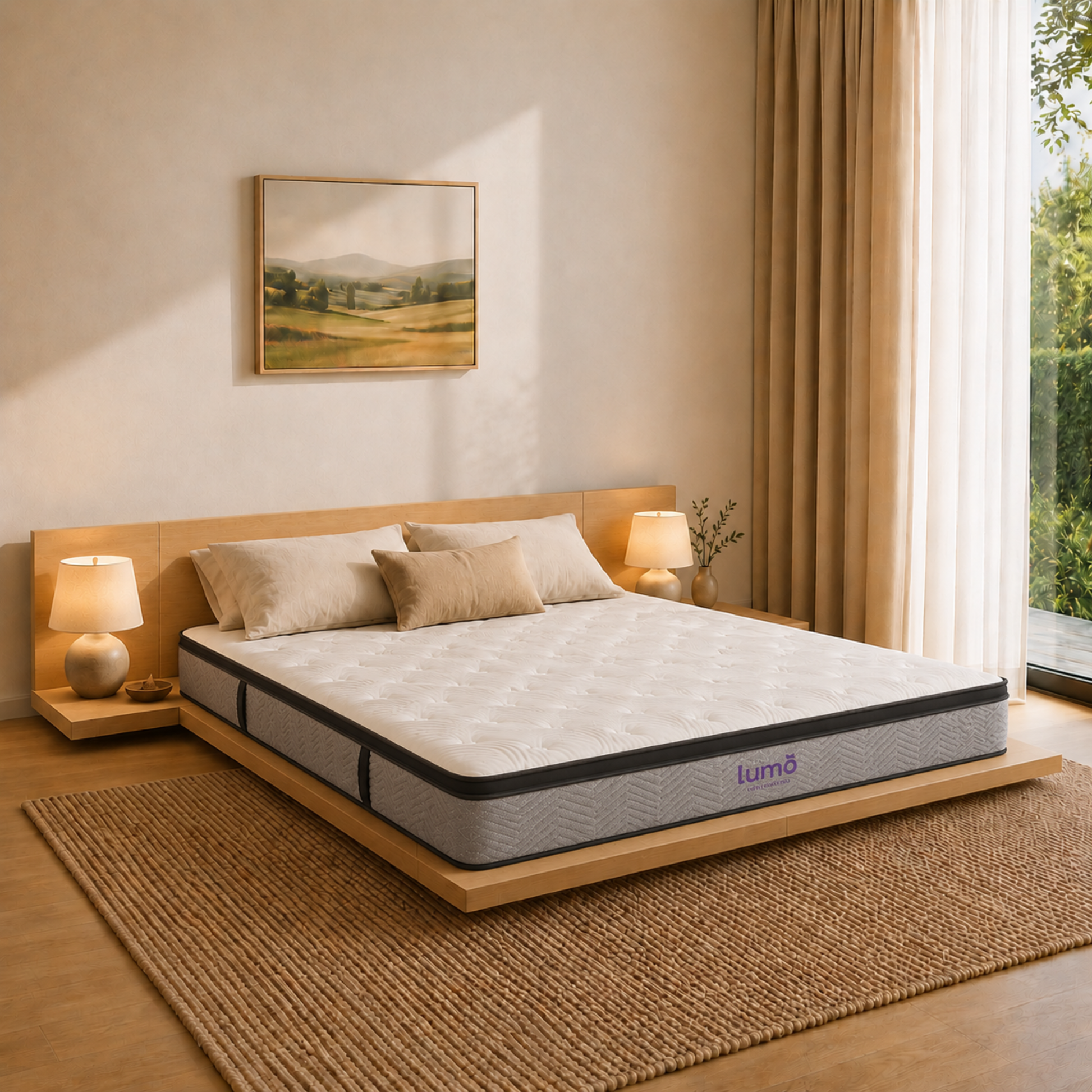 Loft Japandi Platform Bed Frame and Mattress Set with 2 Bedside Tables, NZ Queen