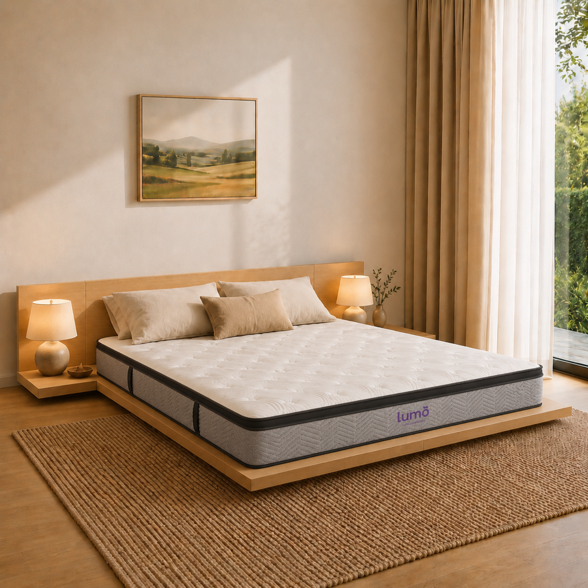 Loft Japandi Platform Bed Frame and Mattress Set with 2 Bedside Tables, NZ Queen