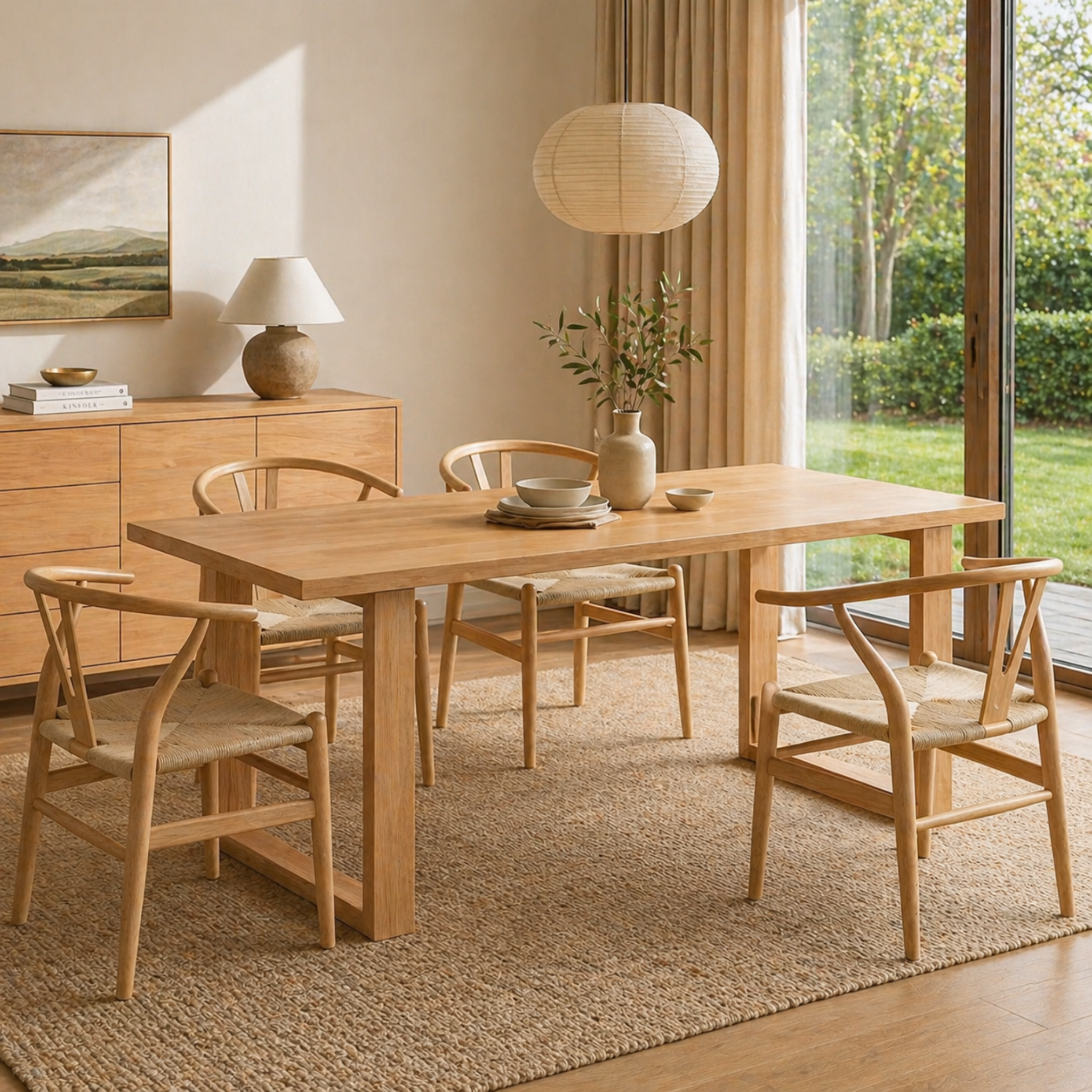 Solidwood Hemura Dining Table with 4 Wishbone Chairs Set, 180x85cm