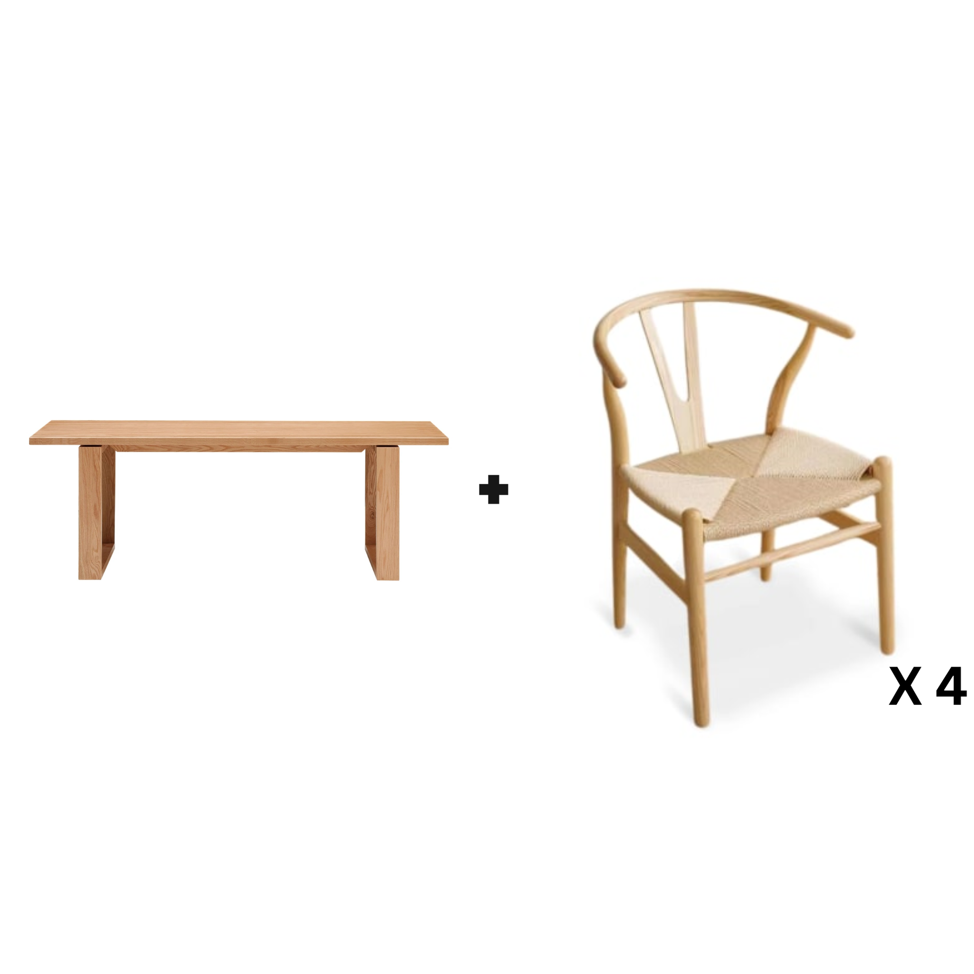 Solidwood Hemura Dining Table with 4 Wishbone Chairs Set, 180x85cm