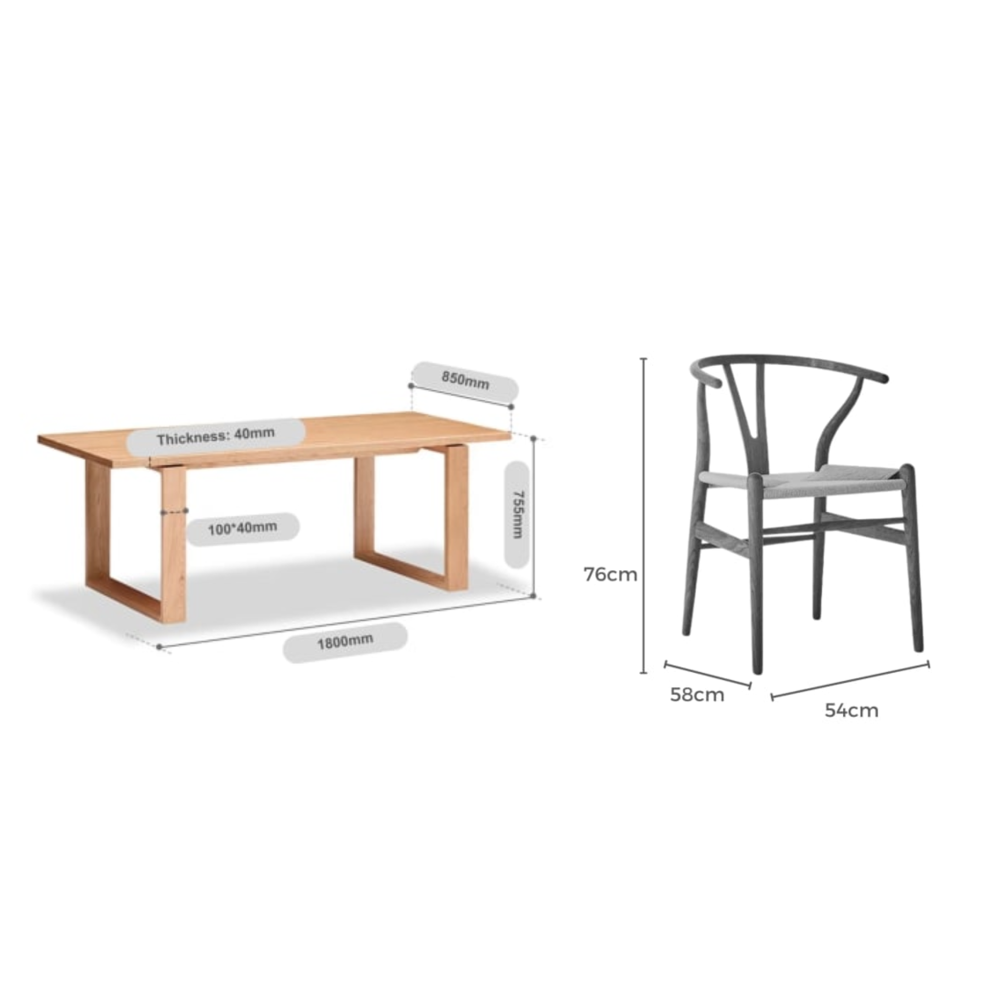 Solidwood Hemura Dining Table with 4 Wishbone Chairs Set, 180x85cm