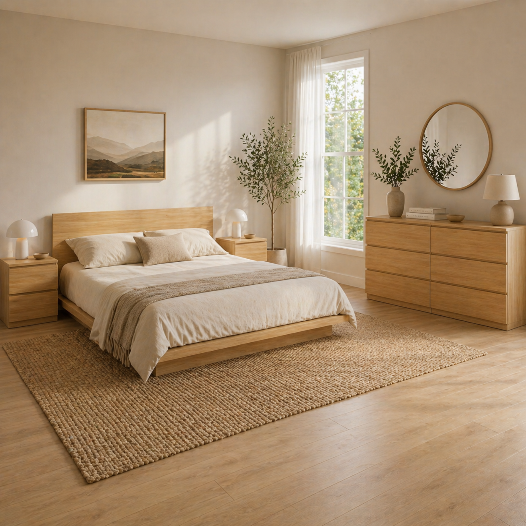 Loft Ensio 3PCS Bedroom Set, 6-Drawer Lowboy, Natural Wood