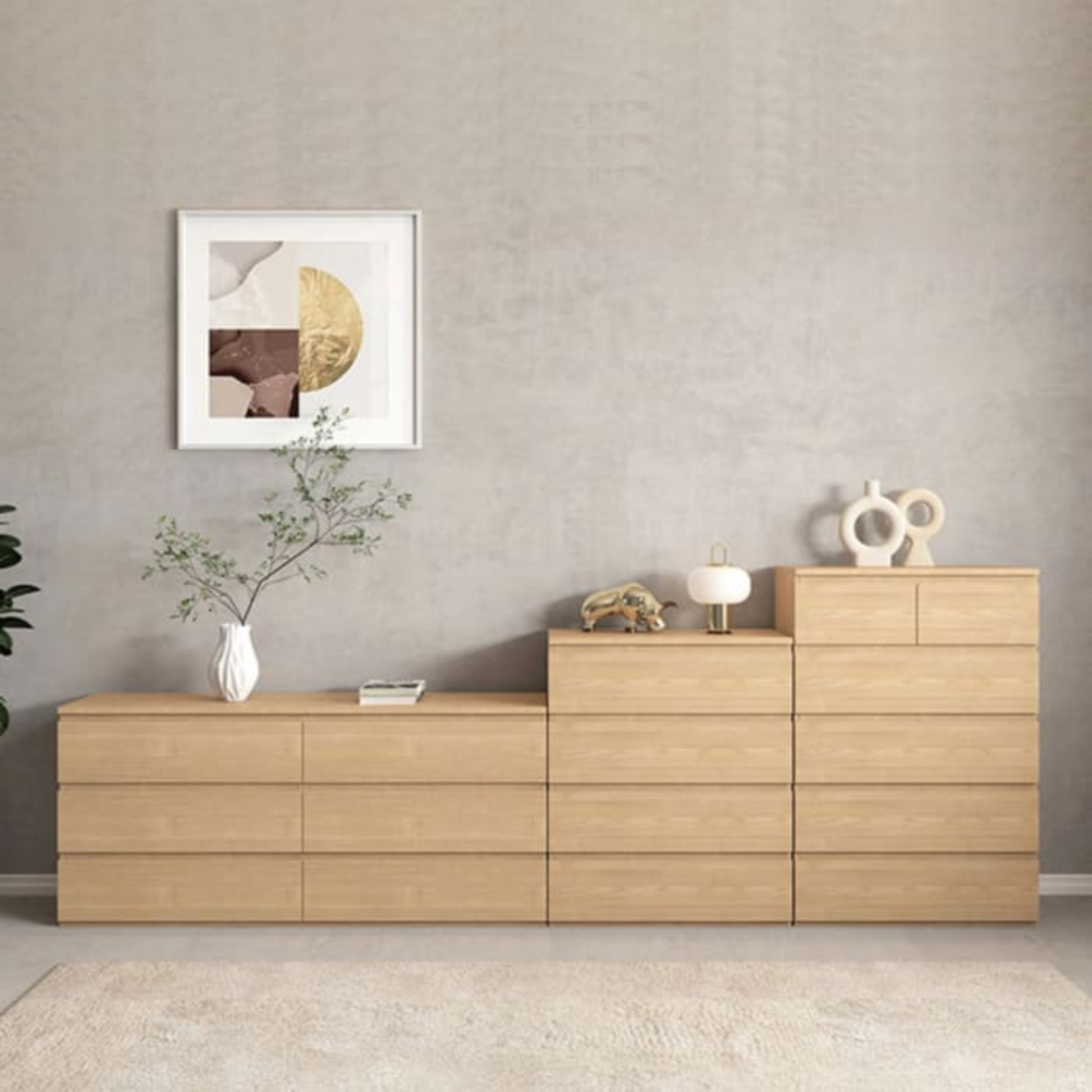 Loft Ensio 3PCS Bedroom Set, 6-Drawer Lowboy, Natural Wood