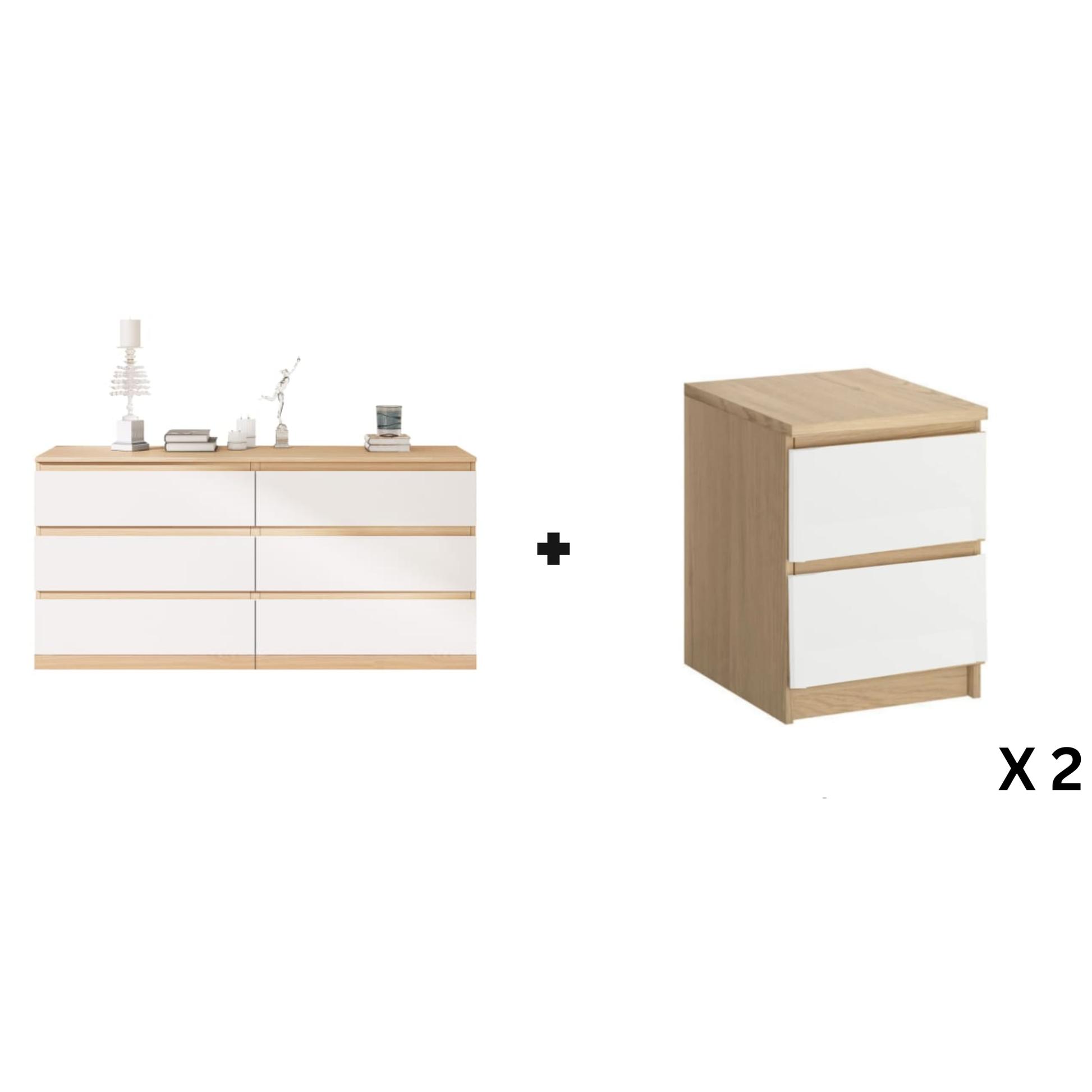 Loft Ensio 3PCS Bedroom Set, 6-Drawer Lowboy, White & Natural Wood