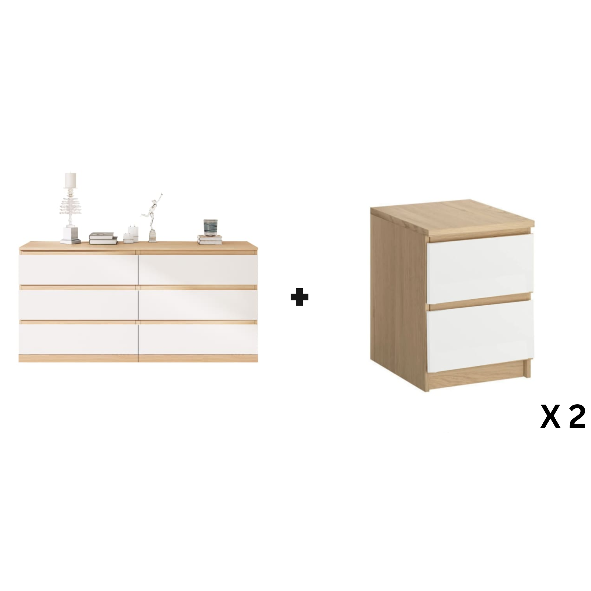 Loft Ensio 3PCS Bedroom Set, 6-Drawer Lowboy, White & Natural Wood