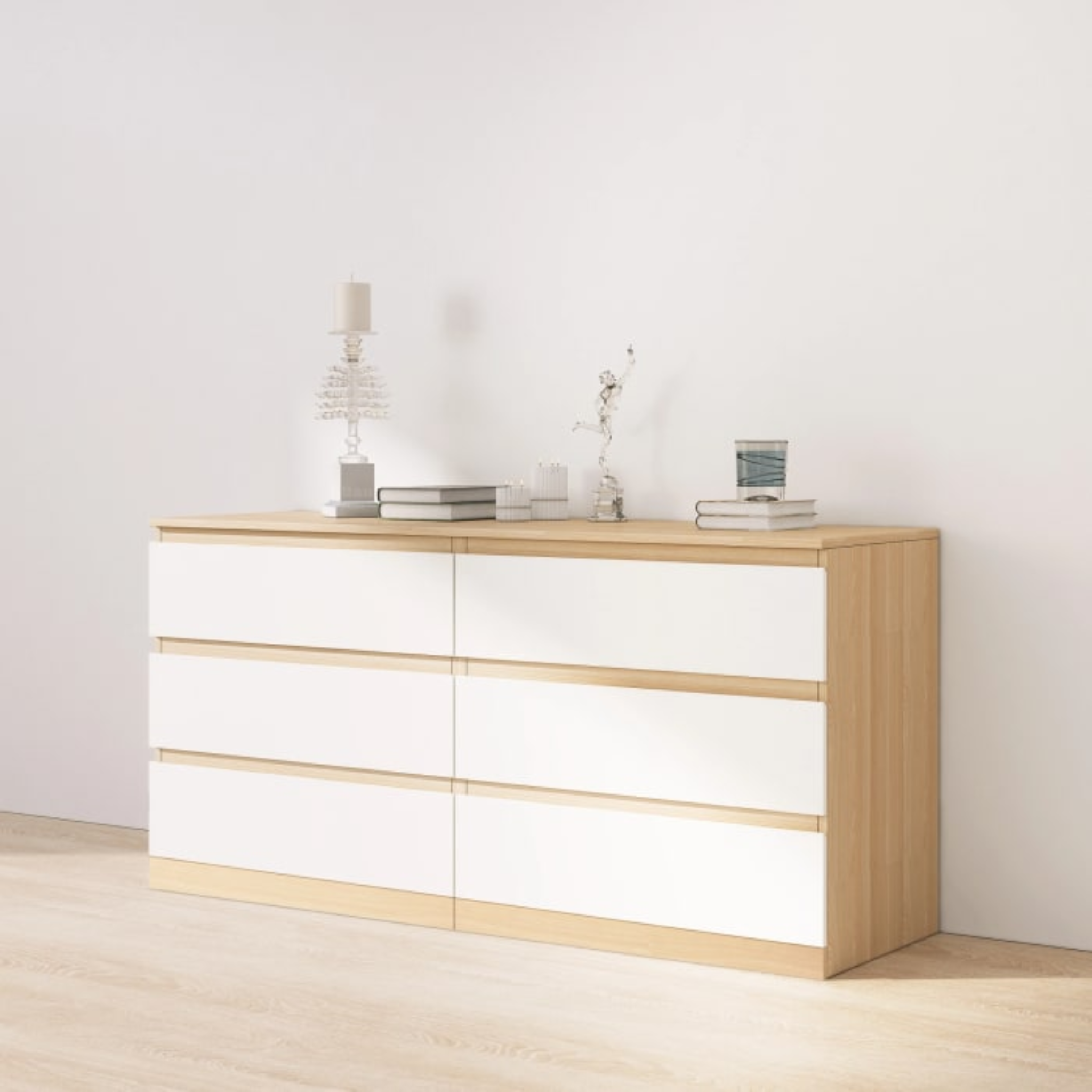 Loft Ensio 3PCS Bedroom Set, 6-Drawer Lowboy, White & Natural Wood