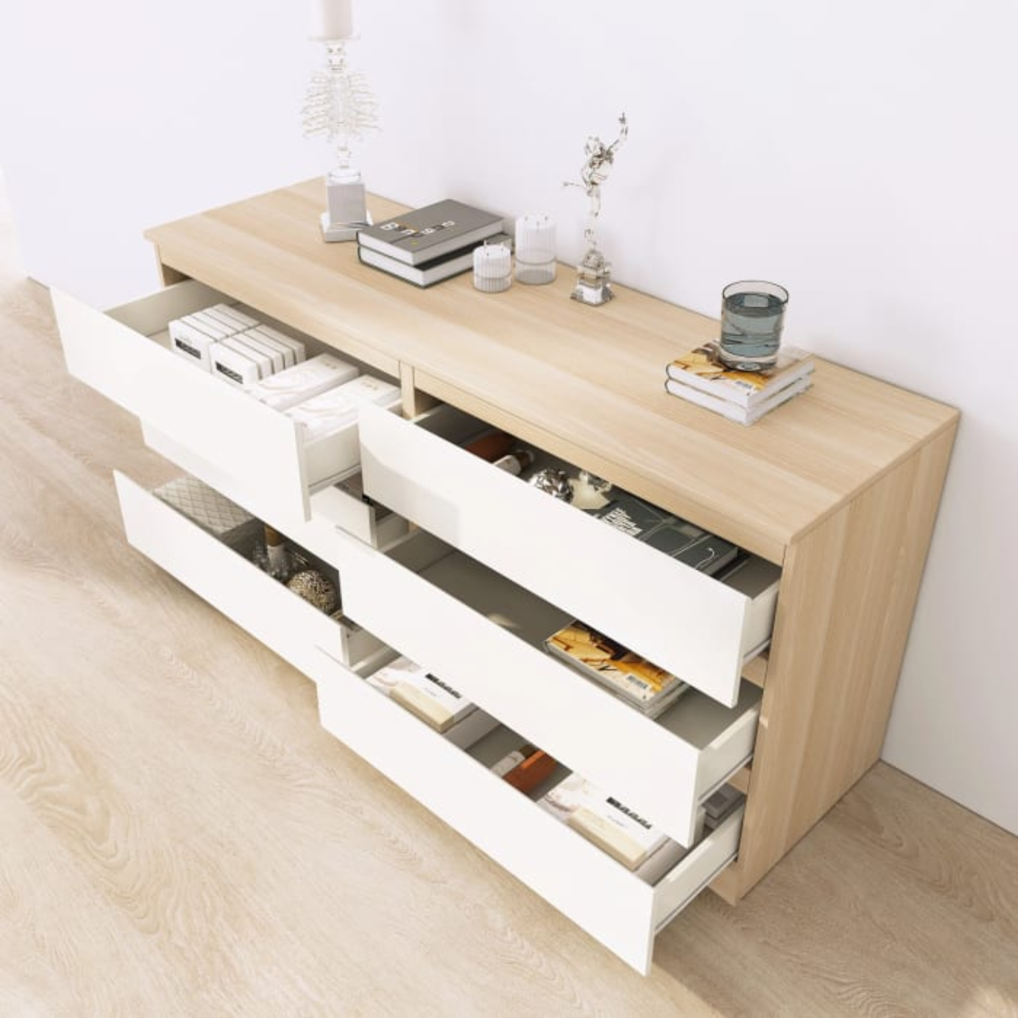 Loft Ensio 3PCS Bedroom Set, 6-Drawer Lowboy, White & Natural Wood