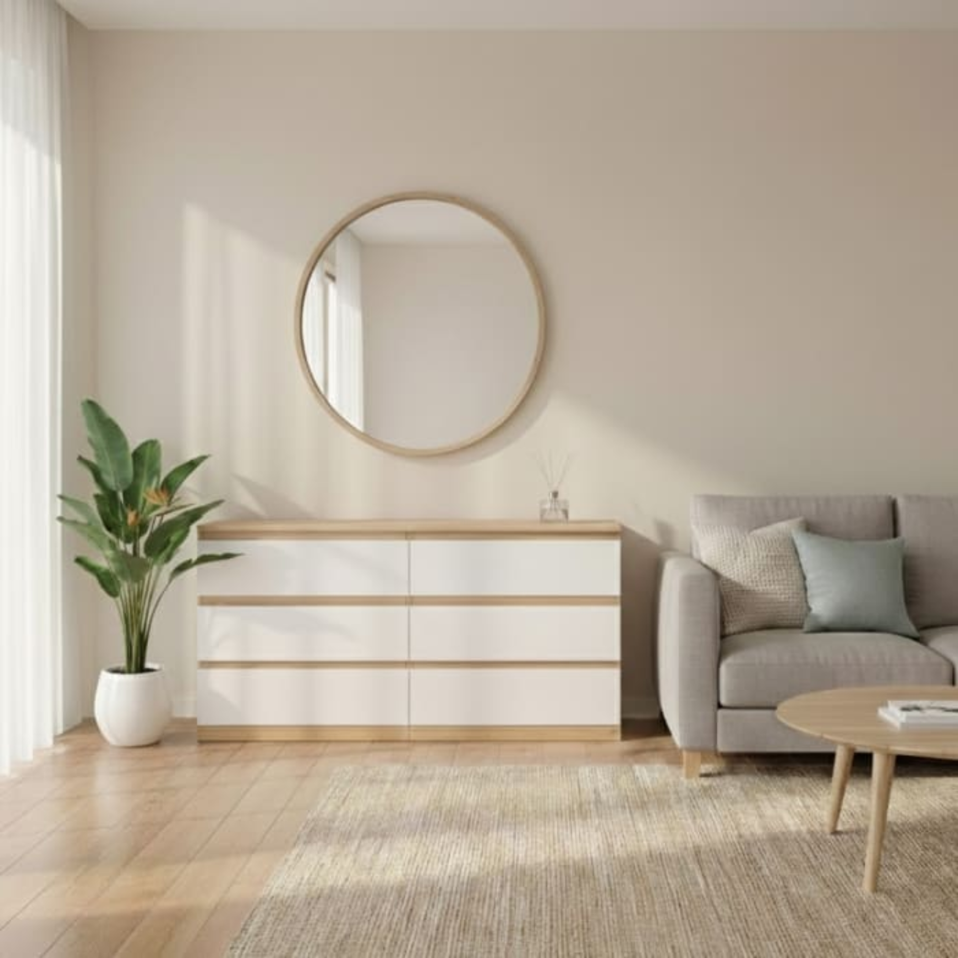 Loft Ensio 3PCS Bedroom Set, 6-Drawer Lowboy, White & Natural Wood