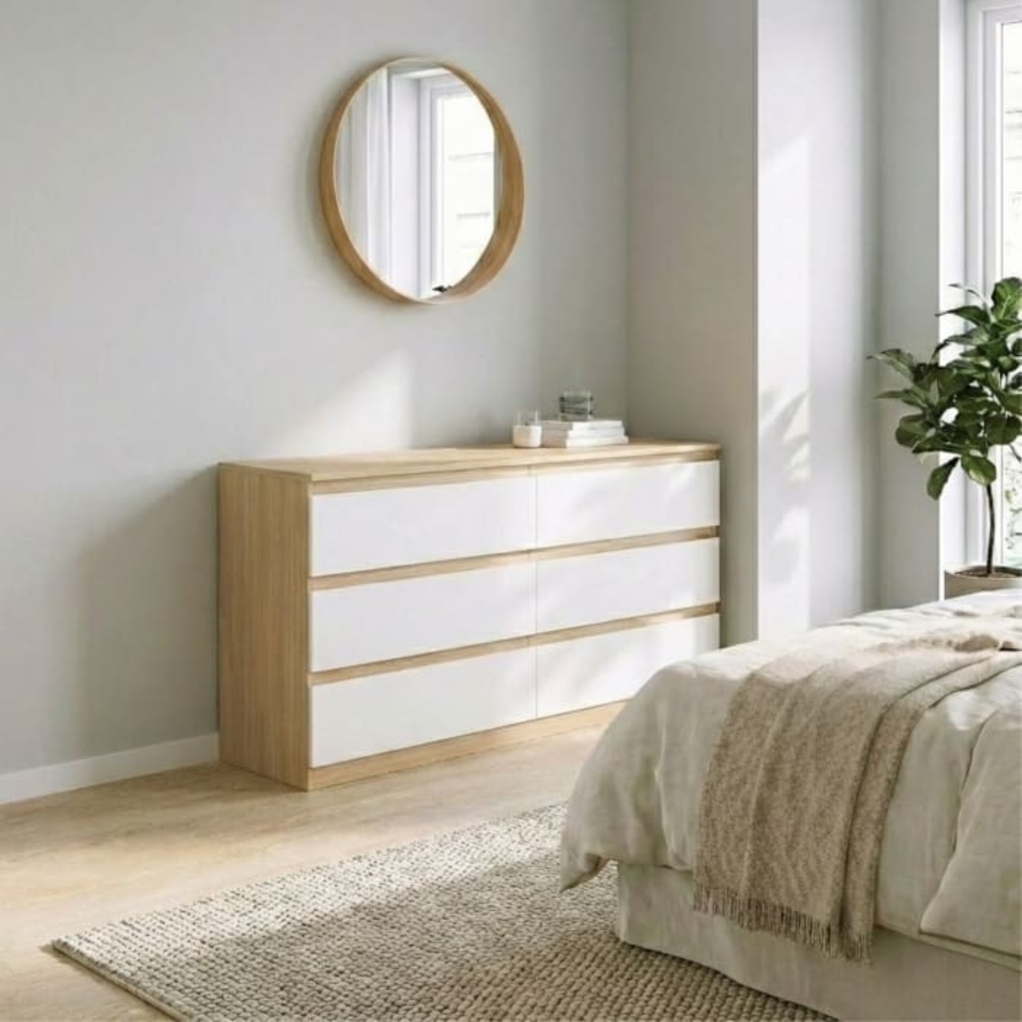 Loft Ensio 3PCS Bedroom Set, 6-Drawer Lowboy, White & Natural Wood