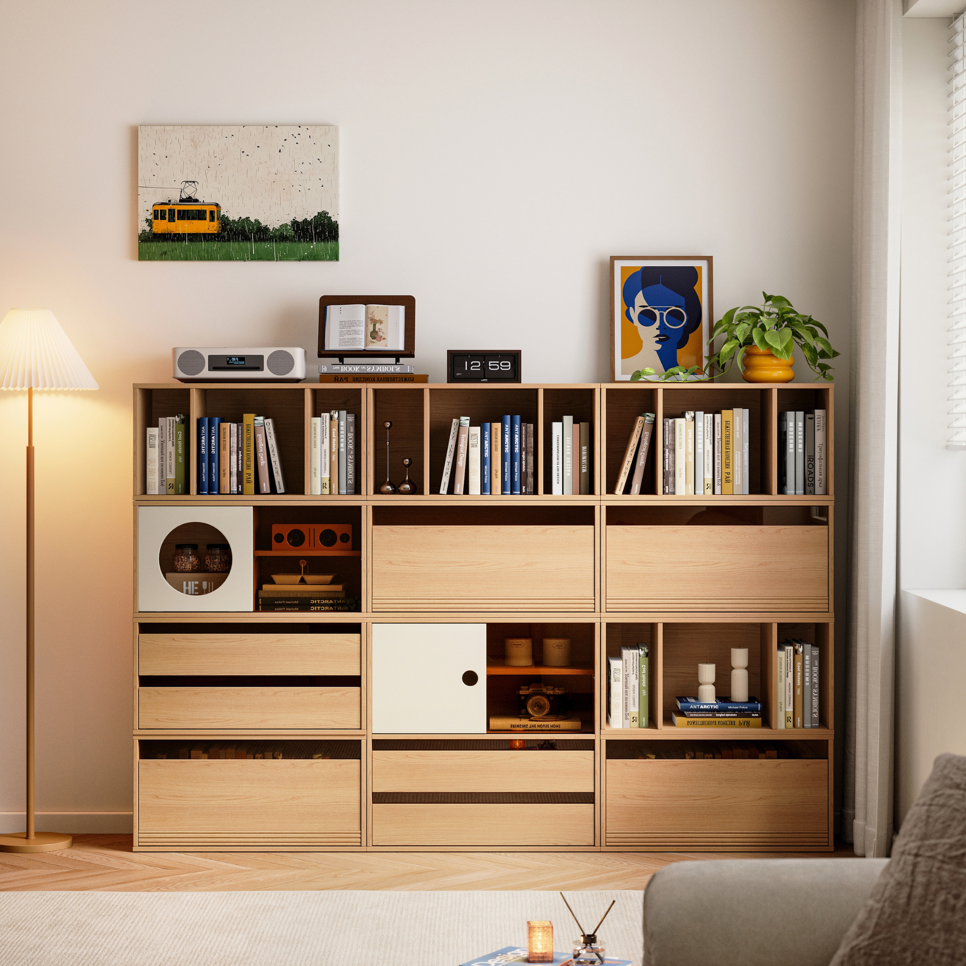 Linspire Forma Set of 11 Modular Display Cabinet, Natural Wood