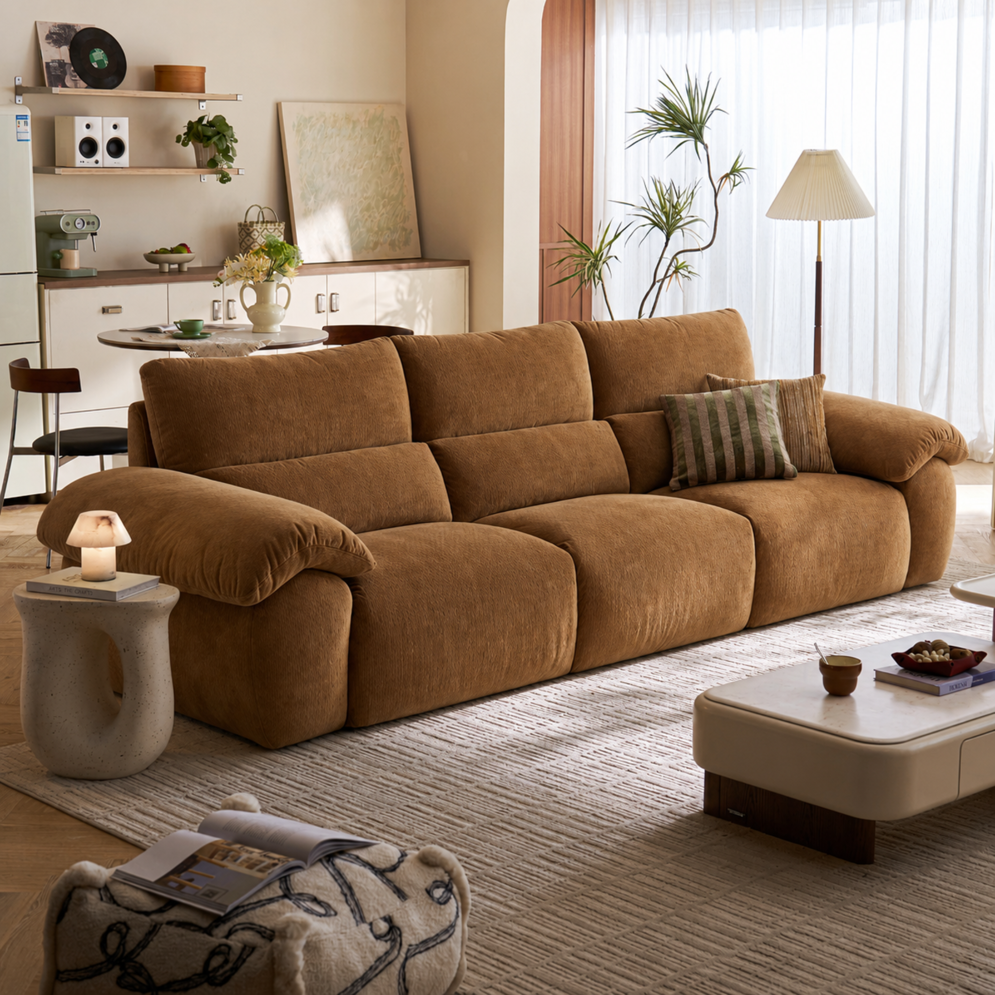 Linspire Veva Chenille 4-Seater Sofa, Caramel