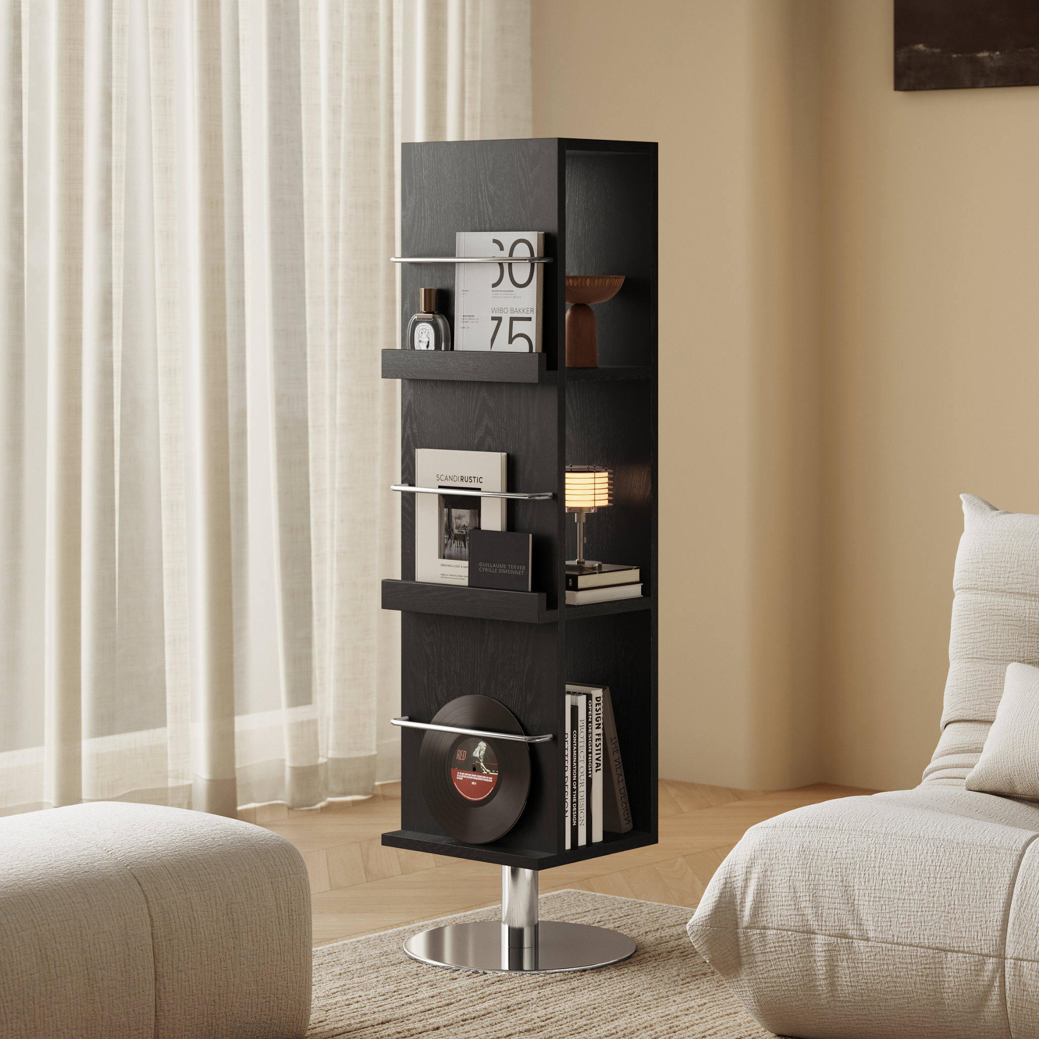 Linspire Slim Solid Wood Rotating Bookshelf with Metal Base
