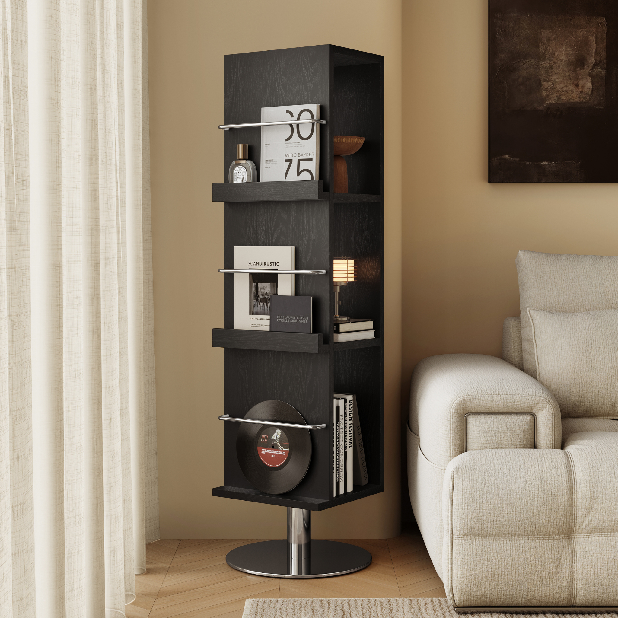Linspire Slim Solid Wood Rotating Bookshelf with Metal Base