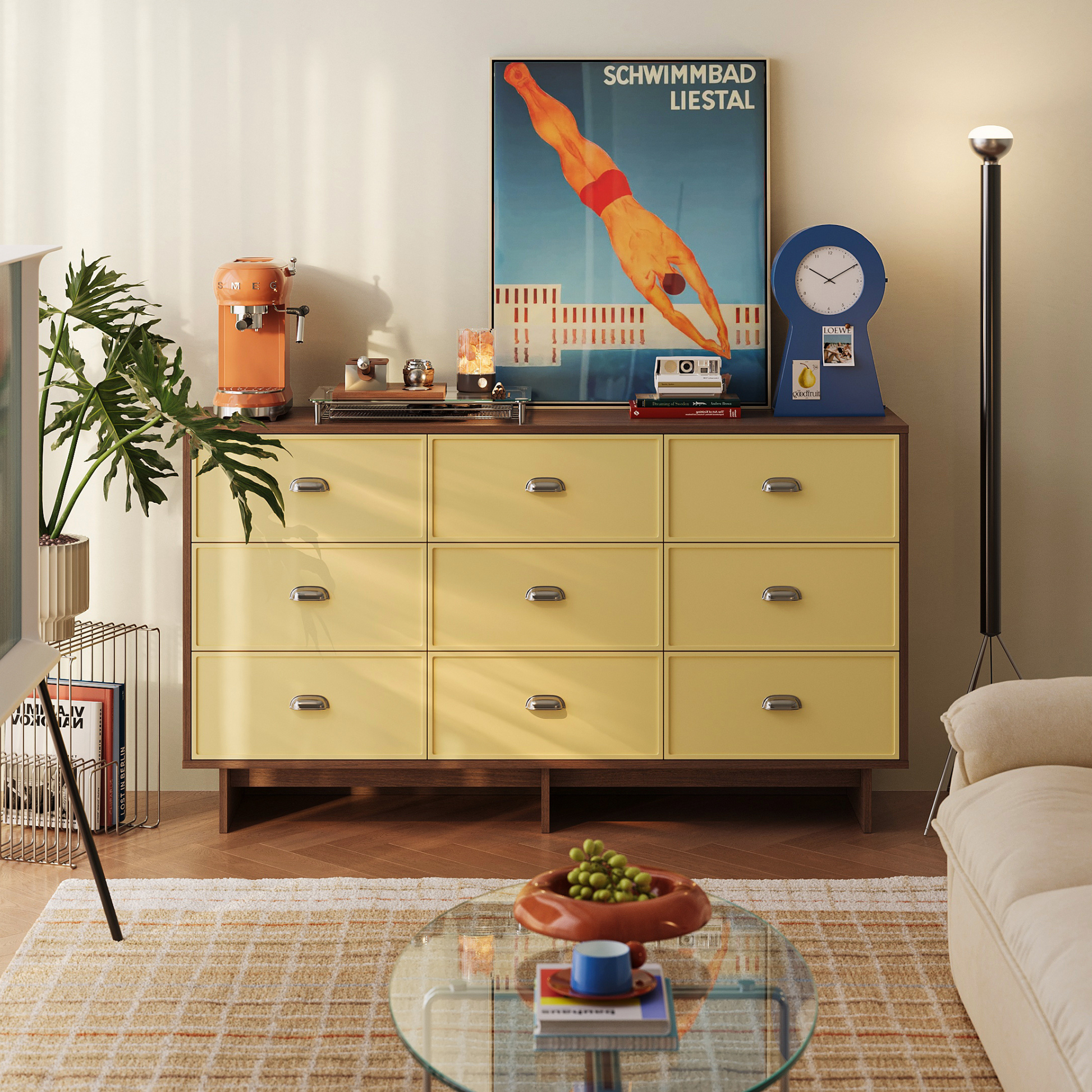 Linspire Duo Chest Of 9 Drawers, Dark Wood & Yellow