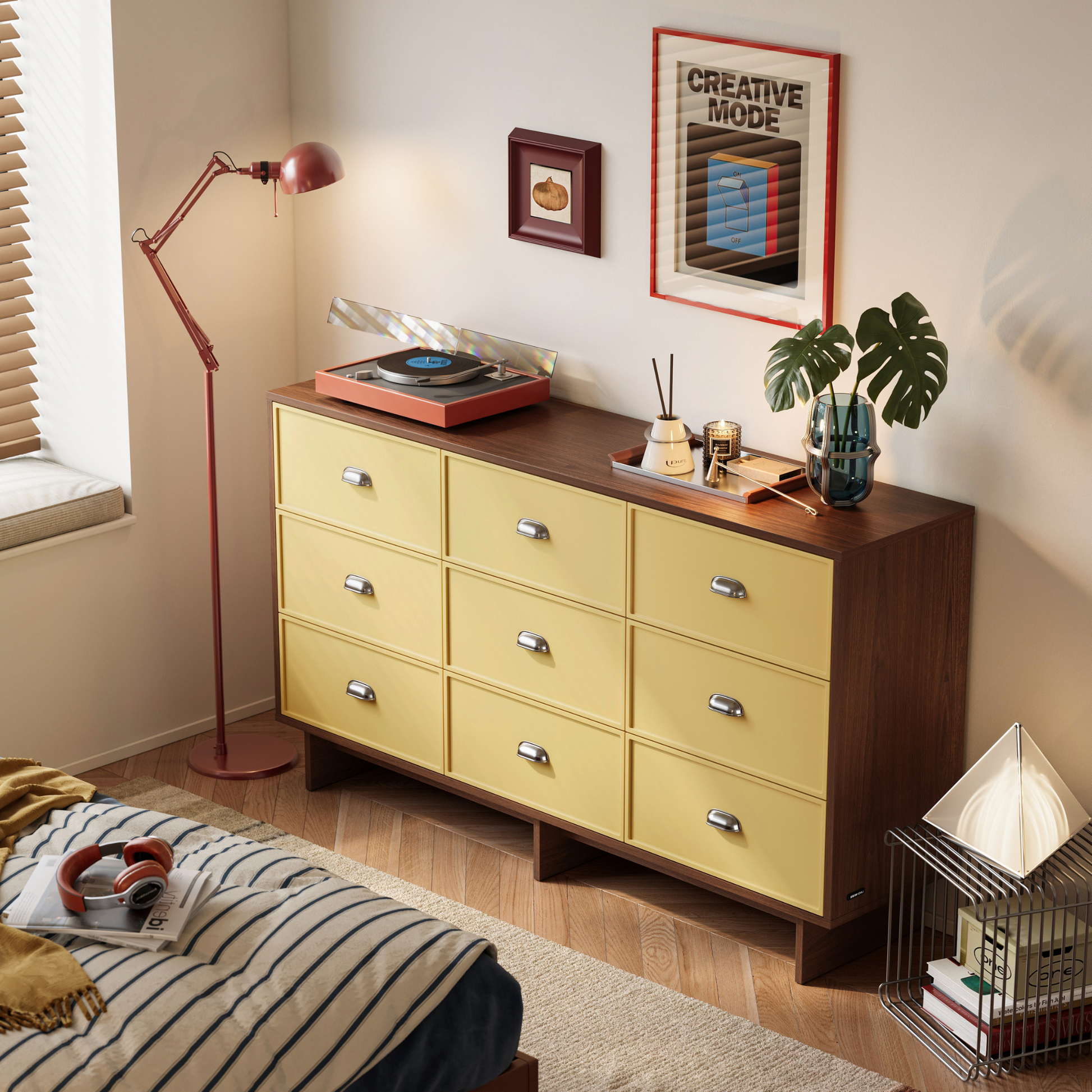 Linspire Duo Chest Of 9 Drawers, Dark Wood & Yellow