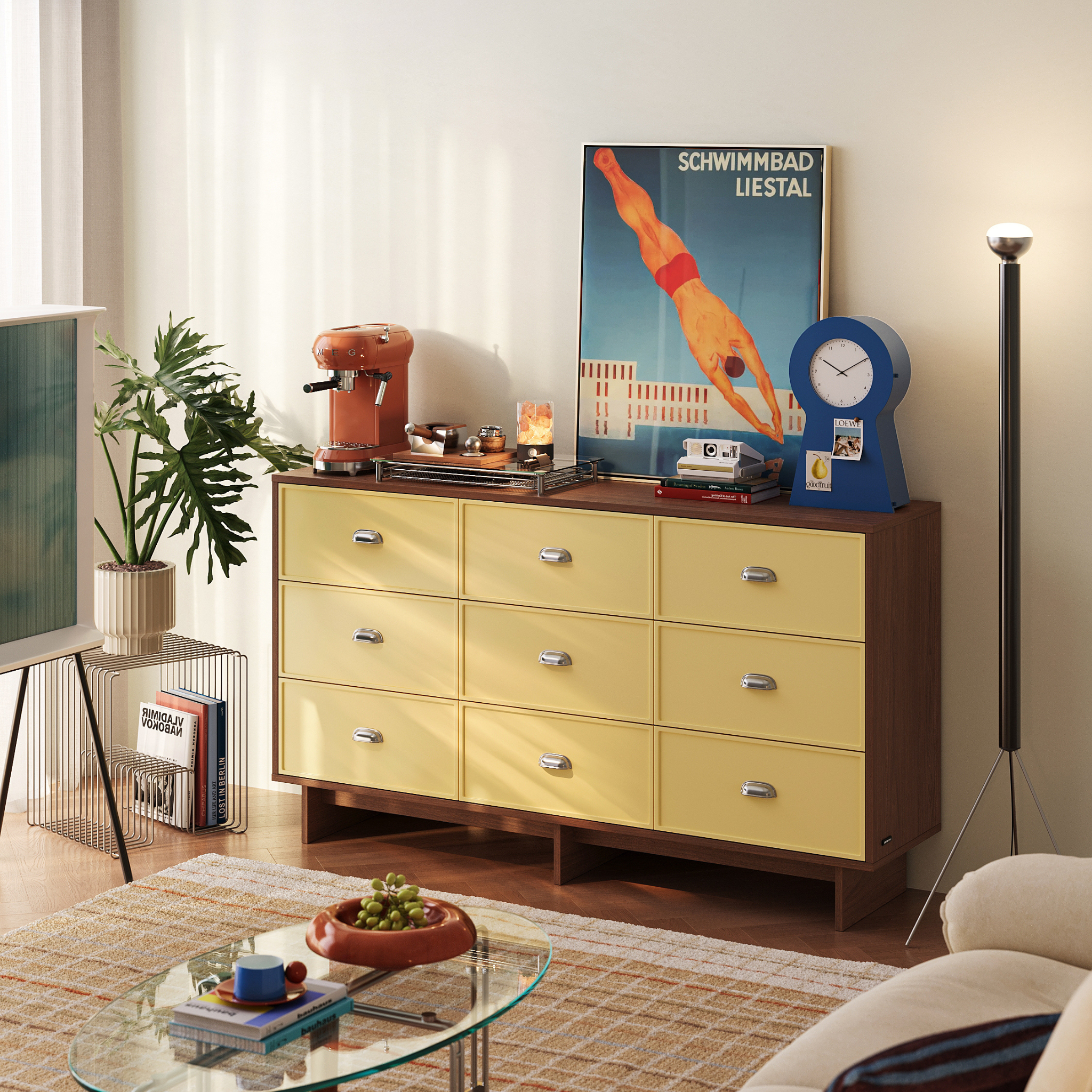 Linspire Duo Chest Of 9 Drawers, Dark Wood & Yellow