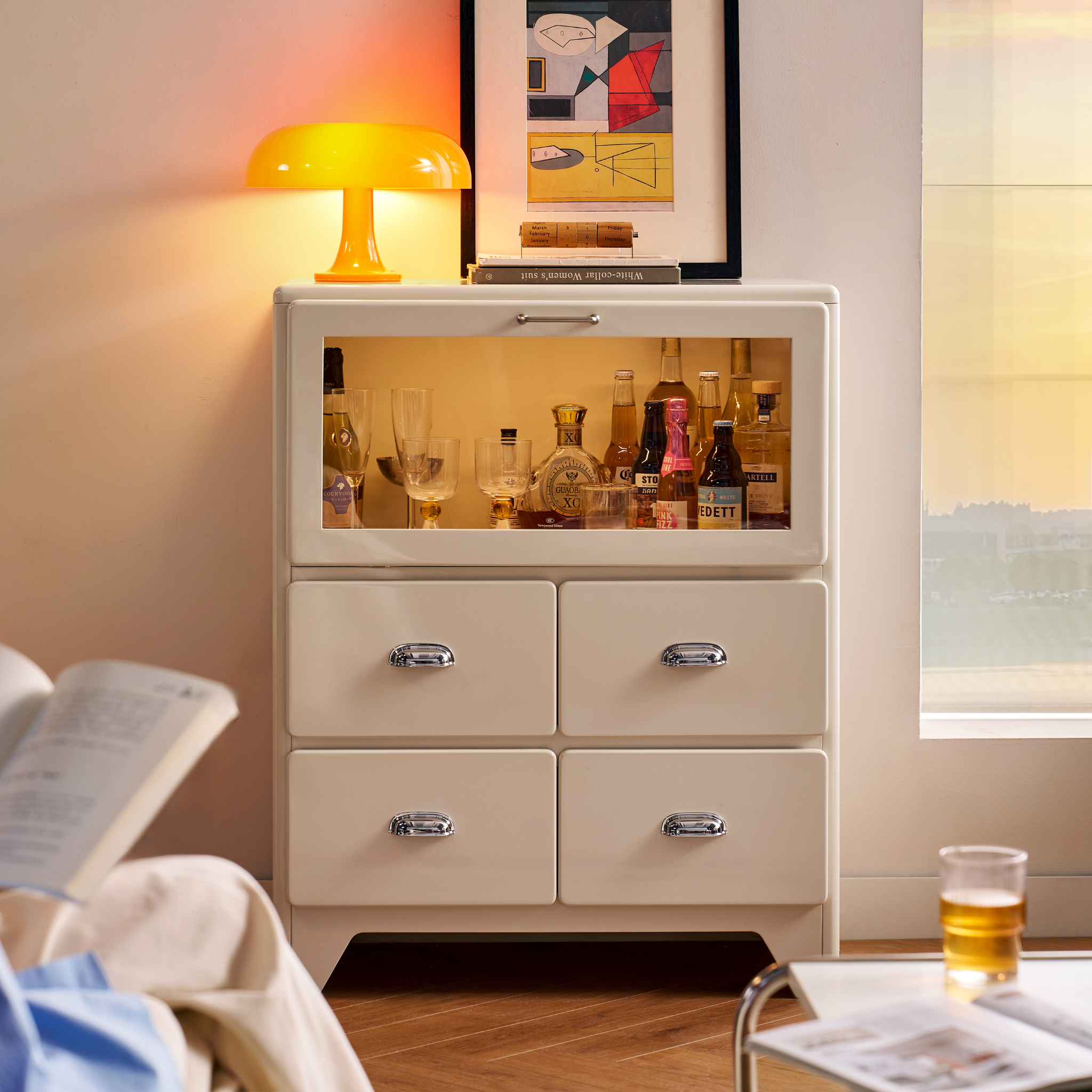Linspire Willow Chest of 4 Drawers with Glass Flip Door, Off-White