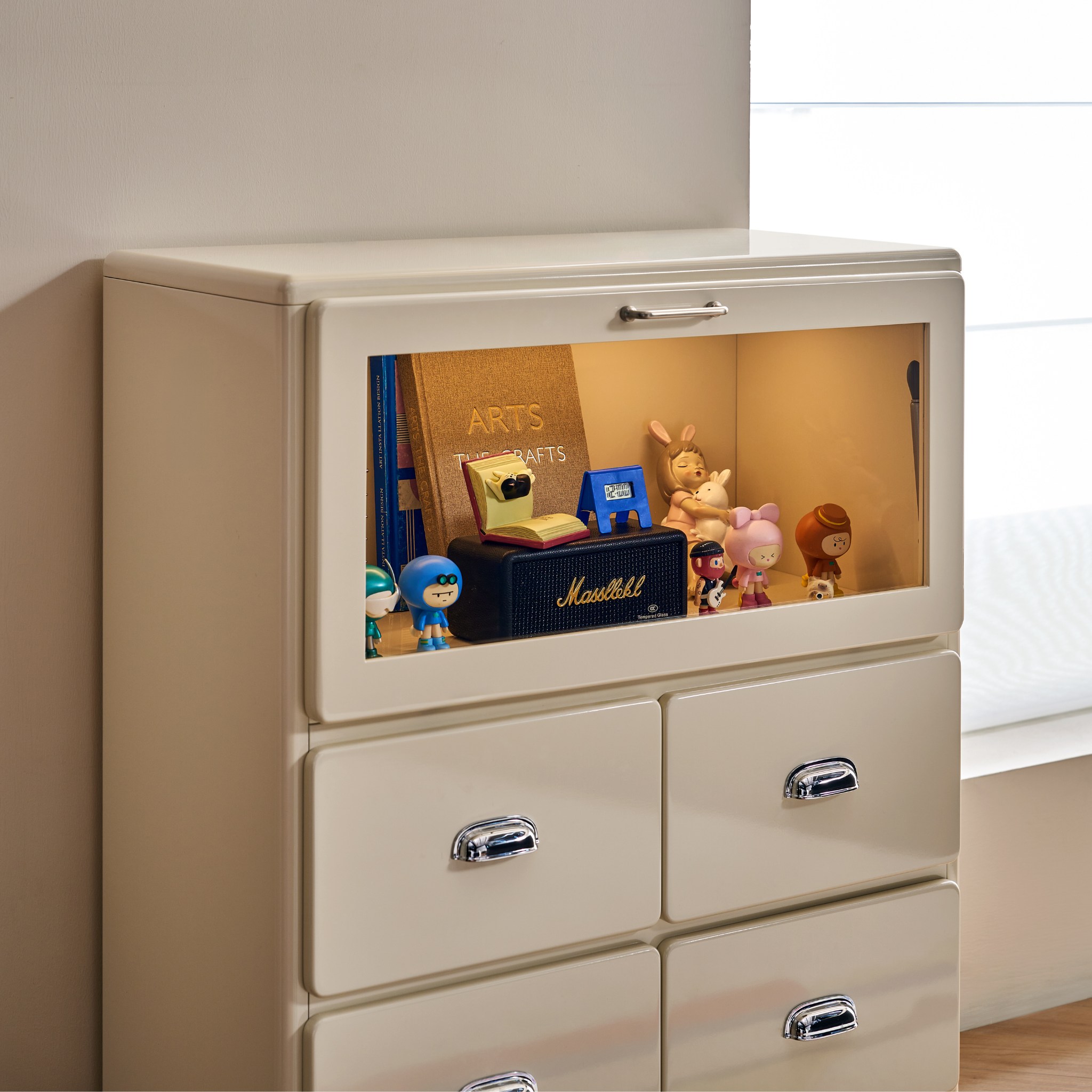 Linspire Willow Chest of 4 Drawers with Glass Flip Door, Off-White