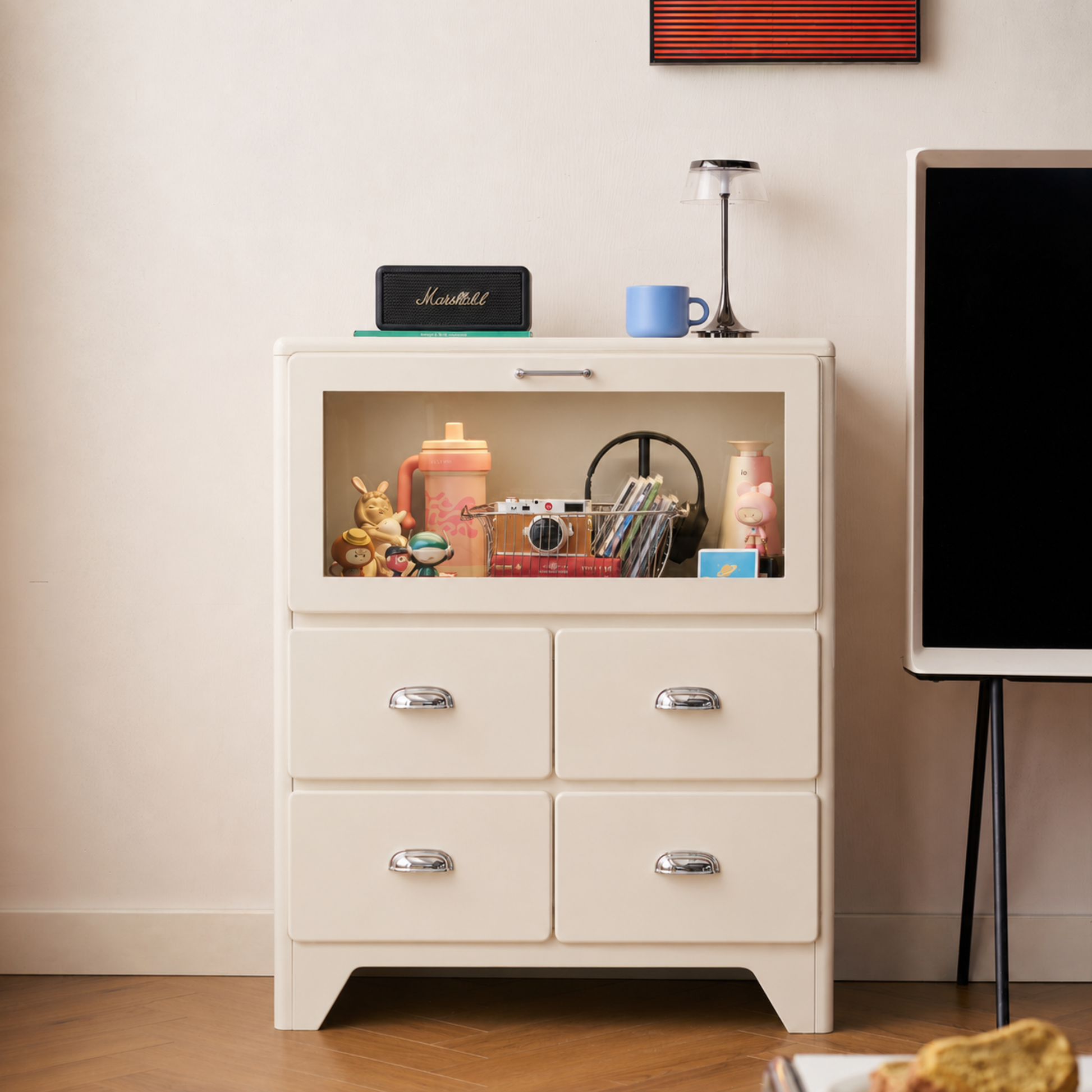 Linspire Willow Chest of 4 Drawers with Glass Flip Door, Off-White