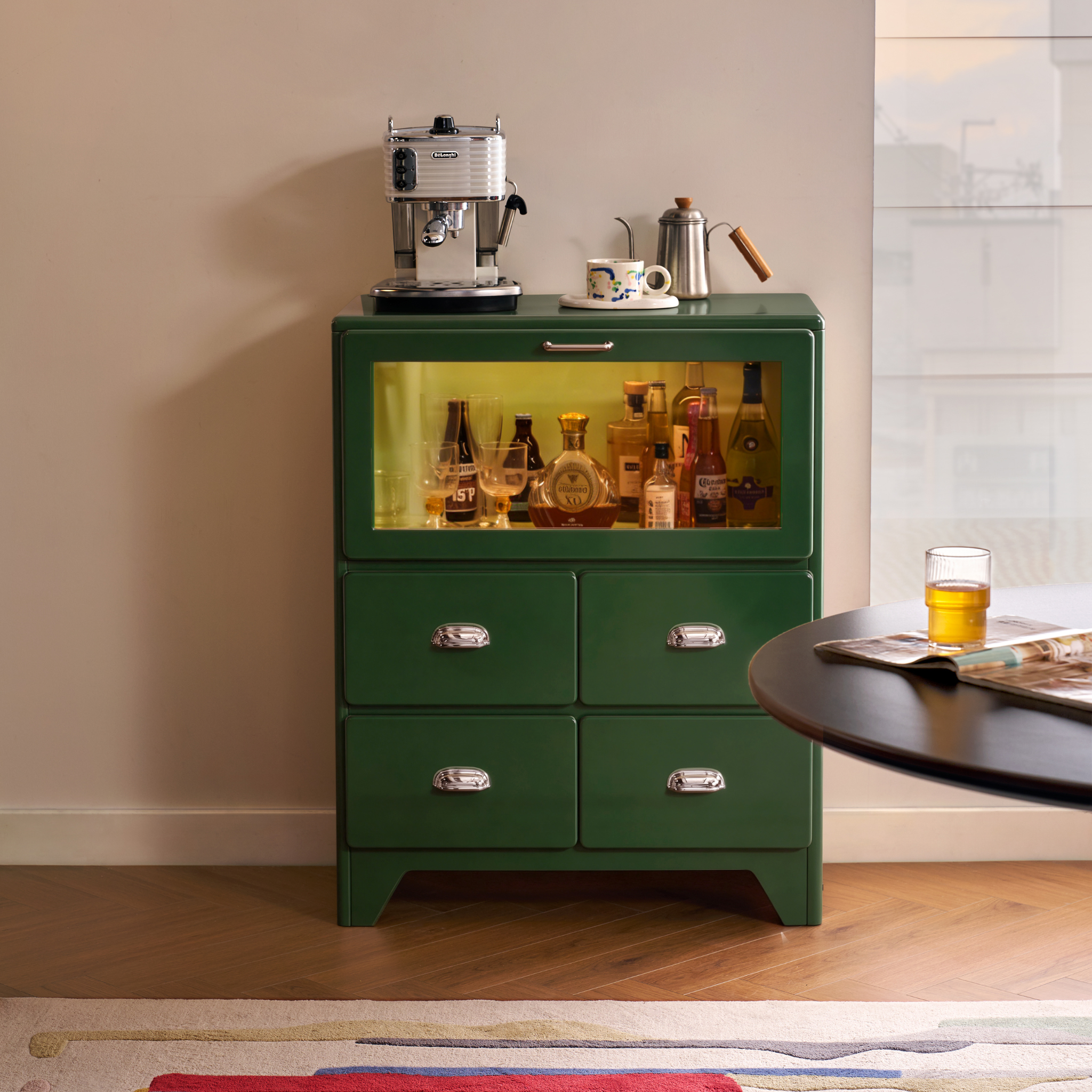 Linspire Willow Chest of 4 Drawers with Glass Flip Door, Green