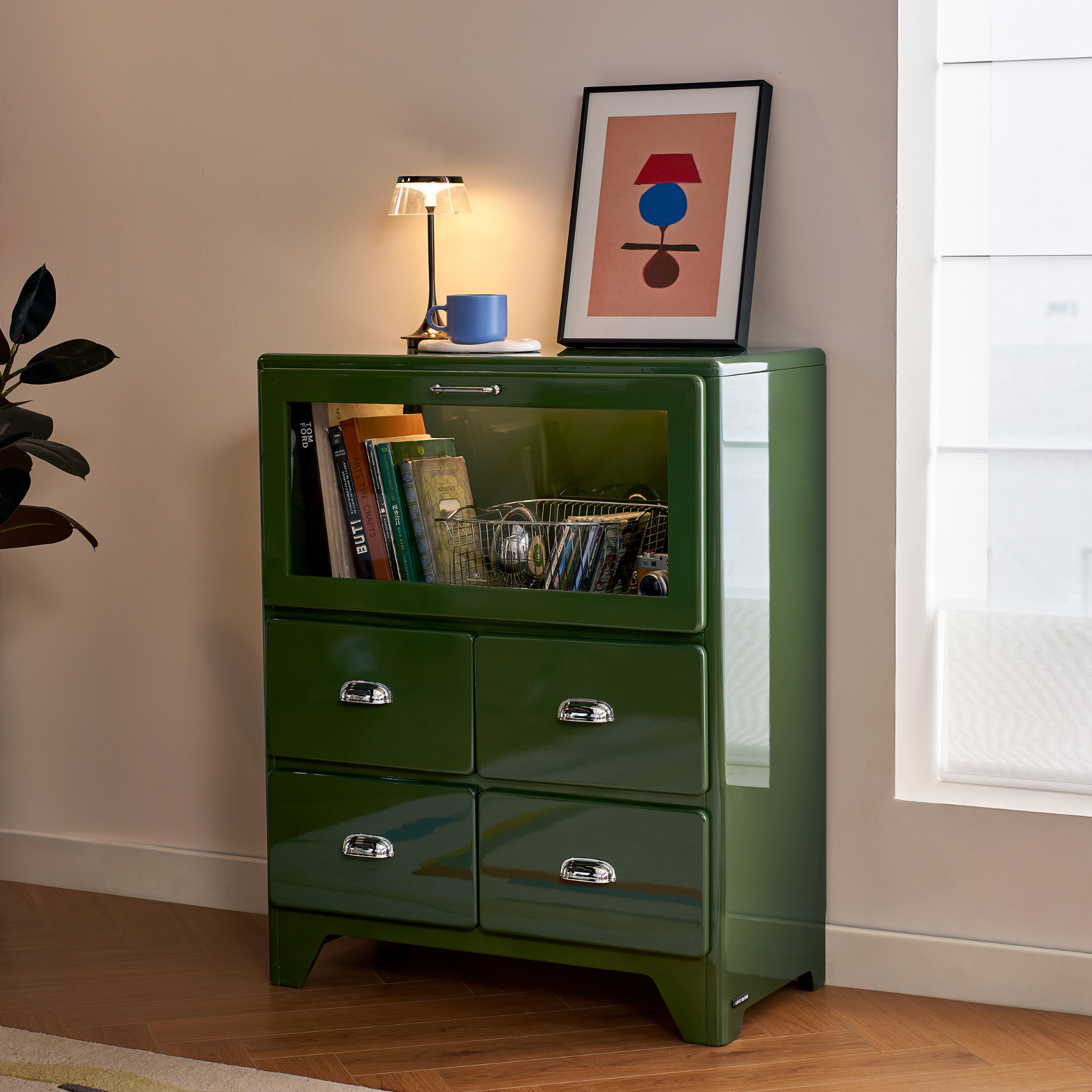 Linspire Willow Chest of 4 Drawers with Glass Flip Door, Green