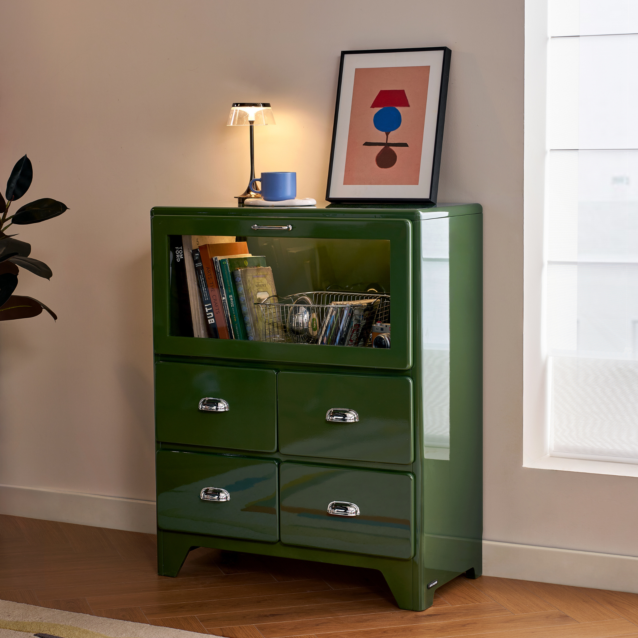 Linspire Willow Chest of 4 Drawers with Glass Flip Door, Green