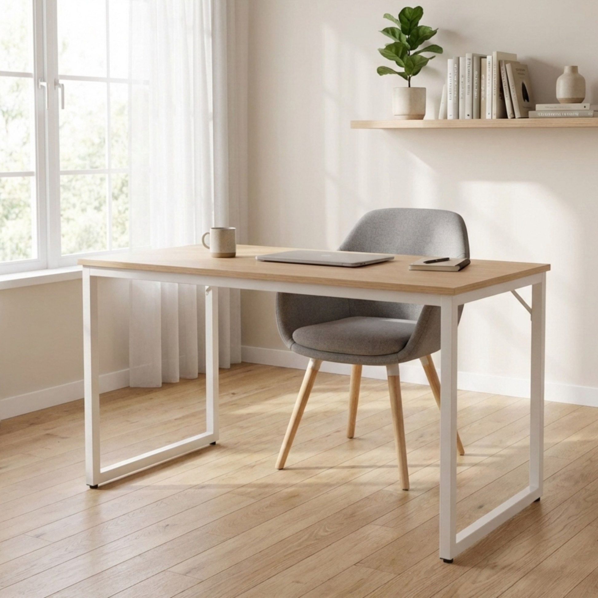 Loft Newton Steel Frame Desk, 120cm, Natural Wood & White