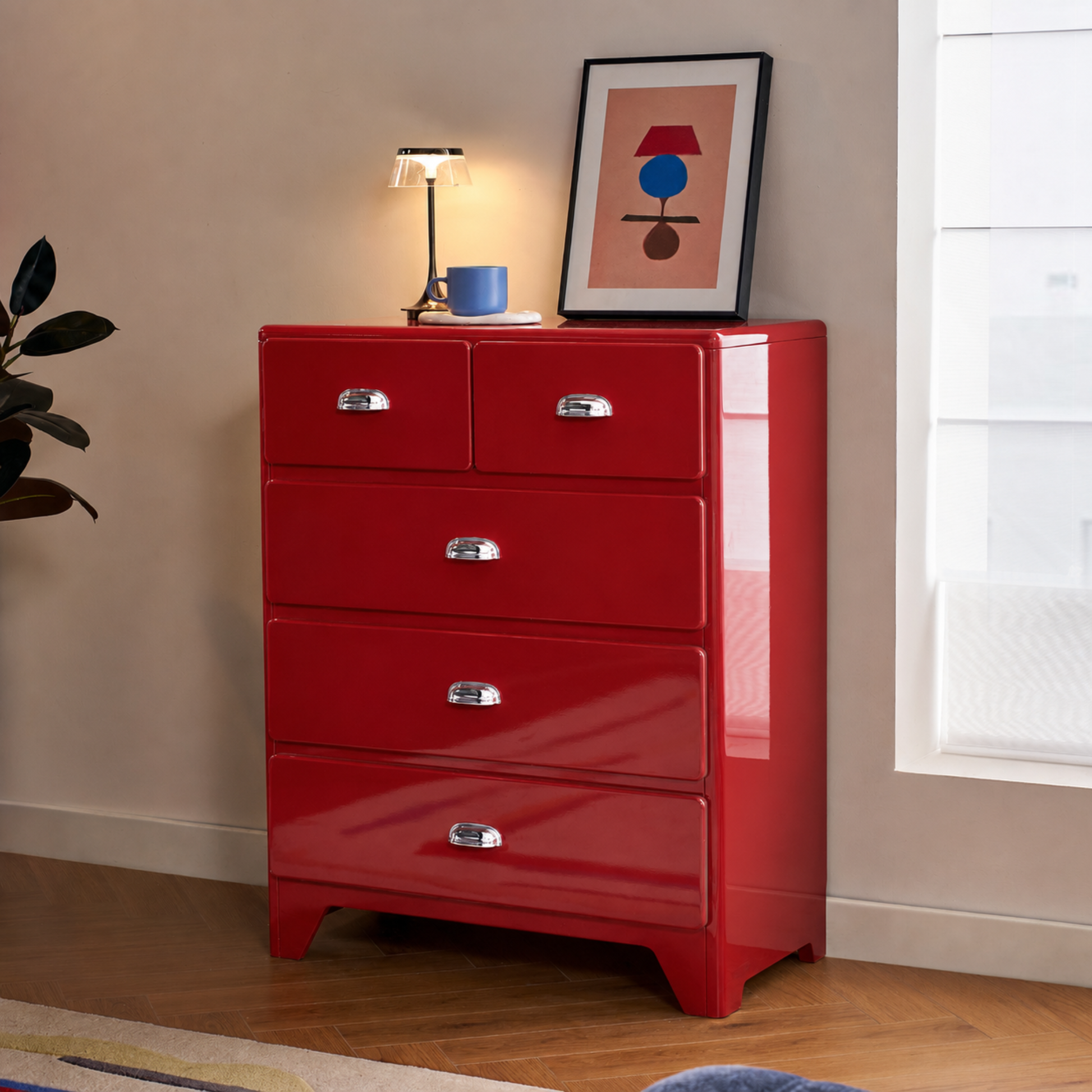 Linspire Willow Wide Chest of 5 Drawers, Red
