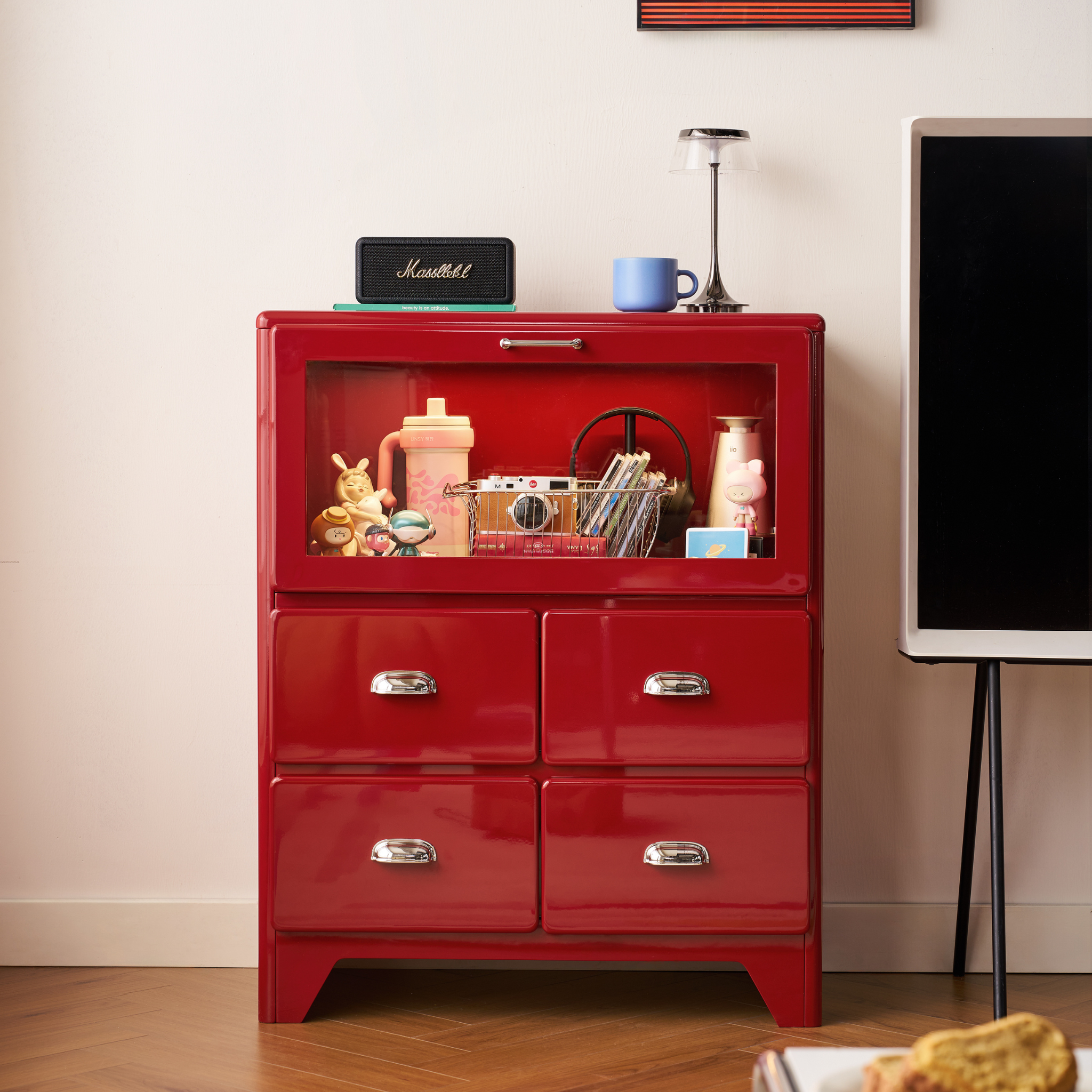 Linspire Willow Chest of 4 Drawers with Glass Flip Door, Red