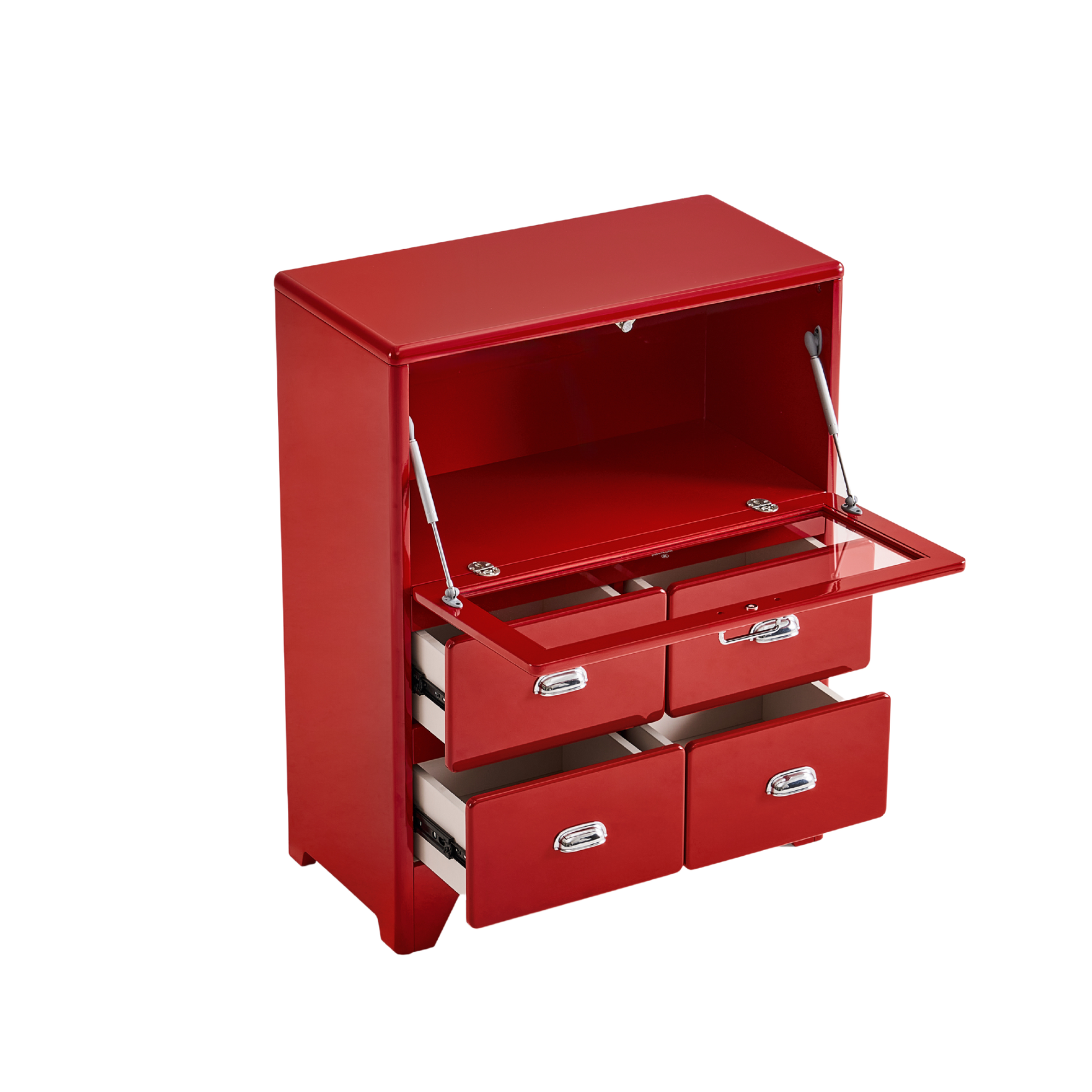 Linspire Willow Chest of 4 Drawers with Glass Flip Door, Red