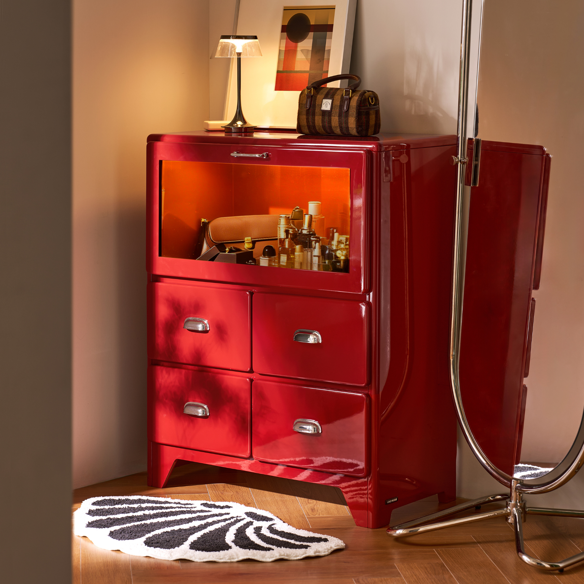 Linspire Willow Chest of 4 Drawers with Glass Flip Door, Red