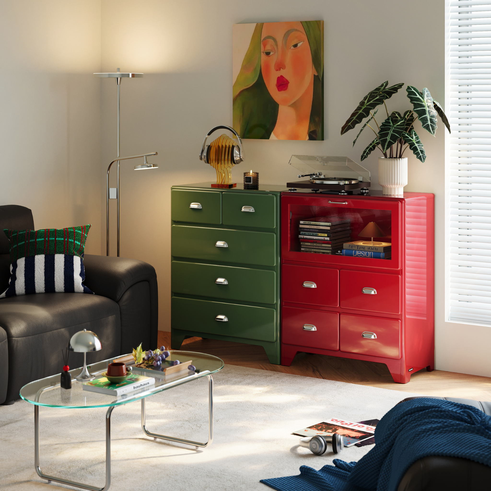 Linspire Willow Chest of 4 Drawers with Glass Flip Door, Red