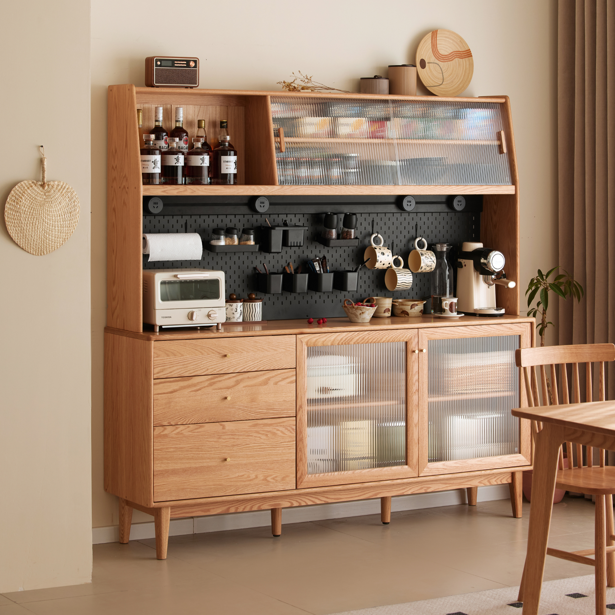 Solidwood Hemura Tall Sideboard with Pegboard, W180cm, Oak